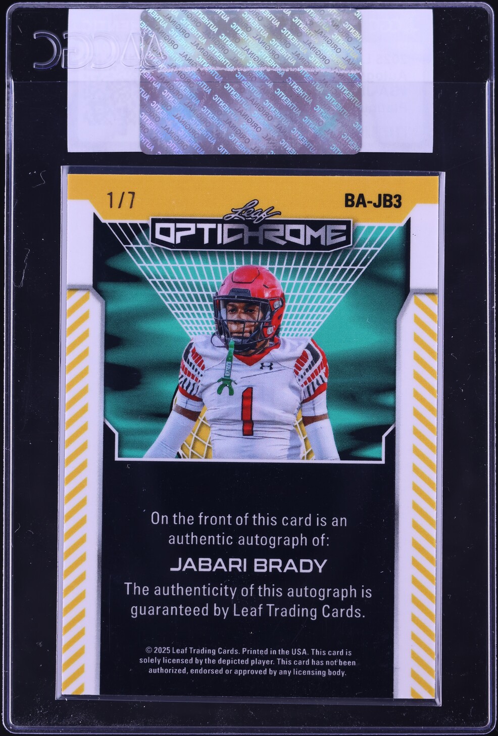 2025 Leaf Optichrome Platinum Blue Shimmer Jabari Brady ROOKIE AUTO 1/7 #BA-JB3 CGC AUTH