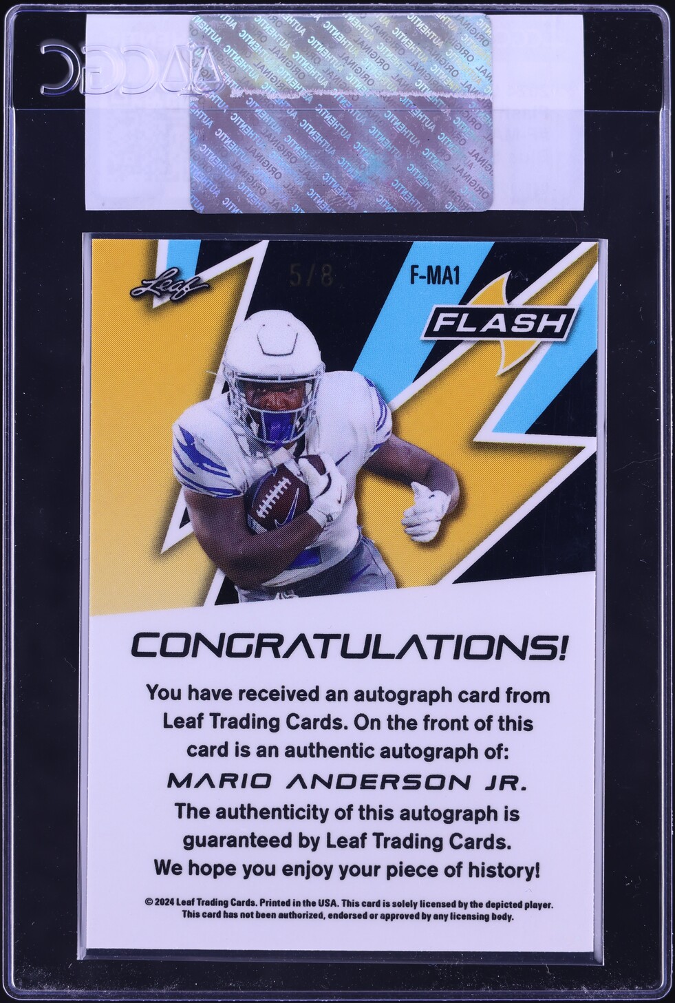 2024 Leaf Eclectic Flash Blue Sparkle Mario Anderson Jr. ROOKIE AUTO /8 #F-MA1 CGC AUTH