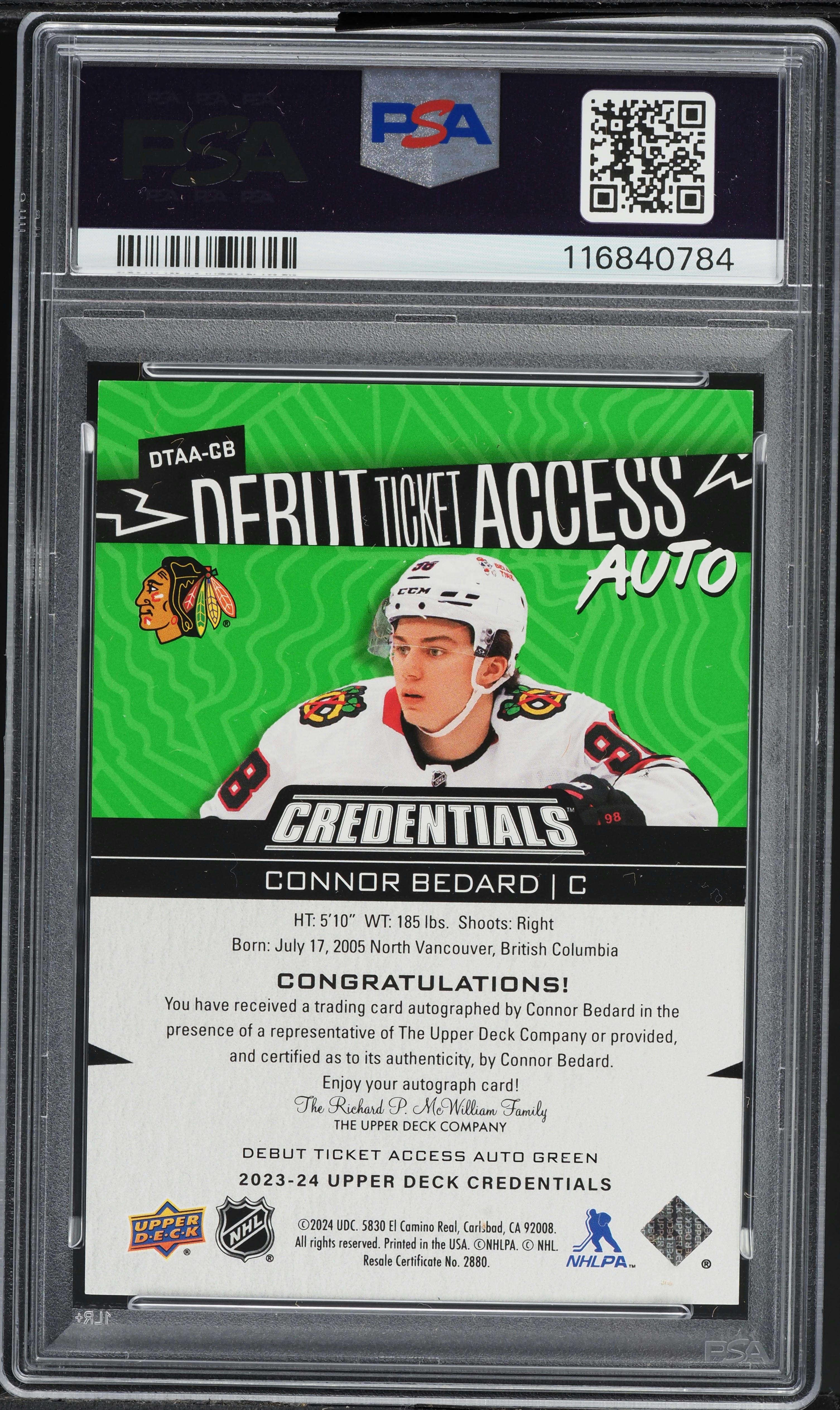 2023 UD Credentials Debut Ticket Access Connor Bedard AUTO DNA 10