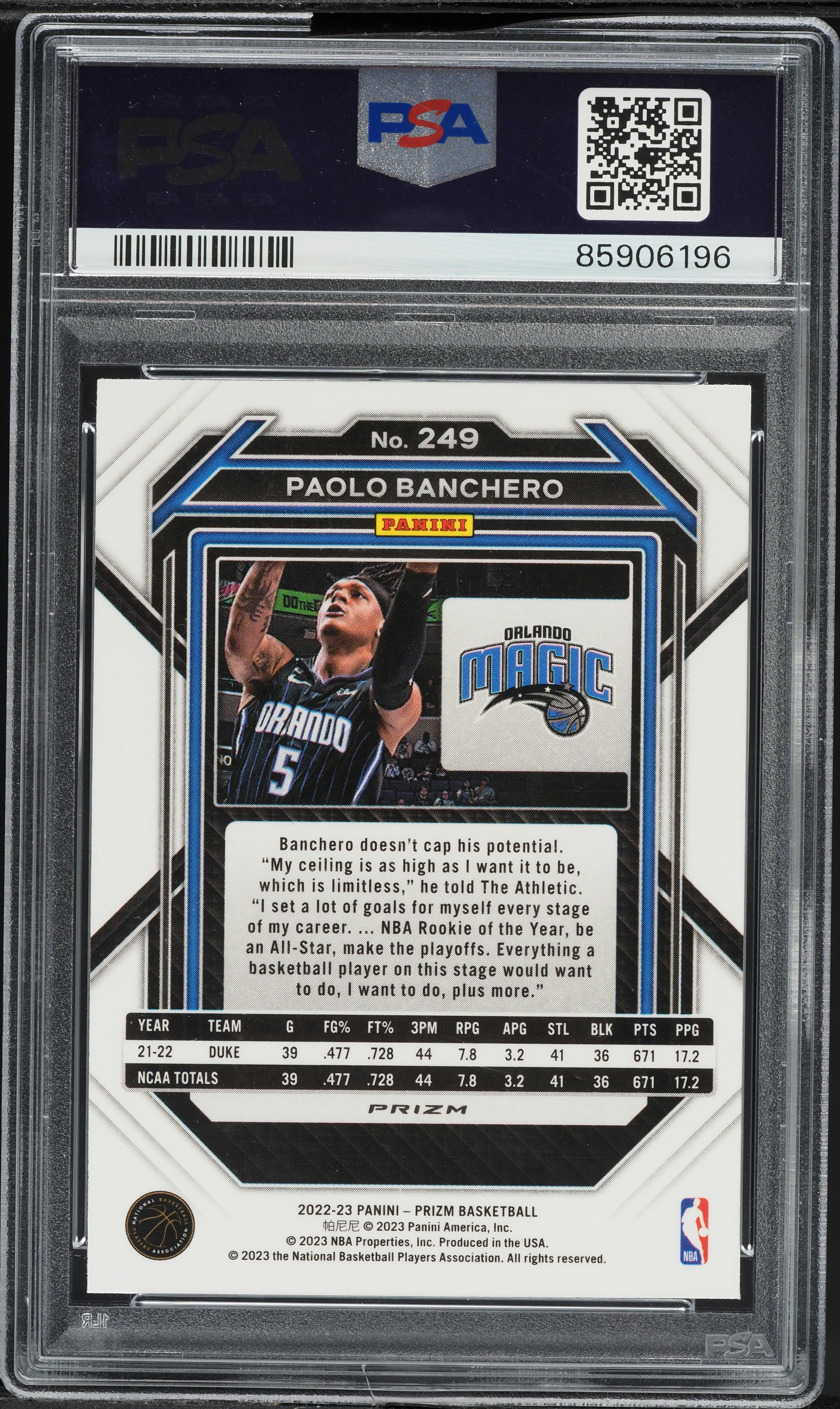 2022 Panini Prizm Silver Paolo Banchero ROOKIE #249 PSA 10 GEM