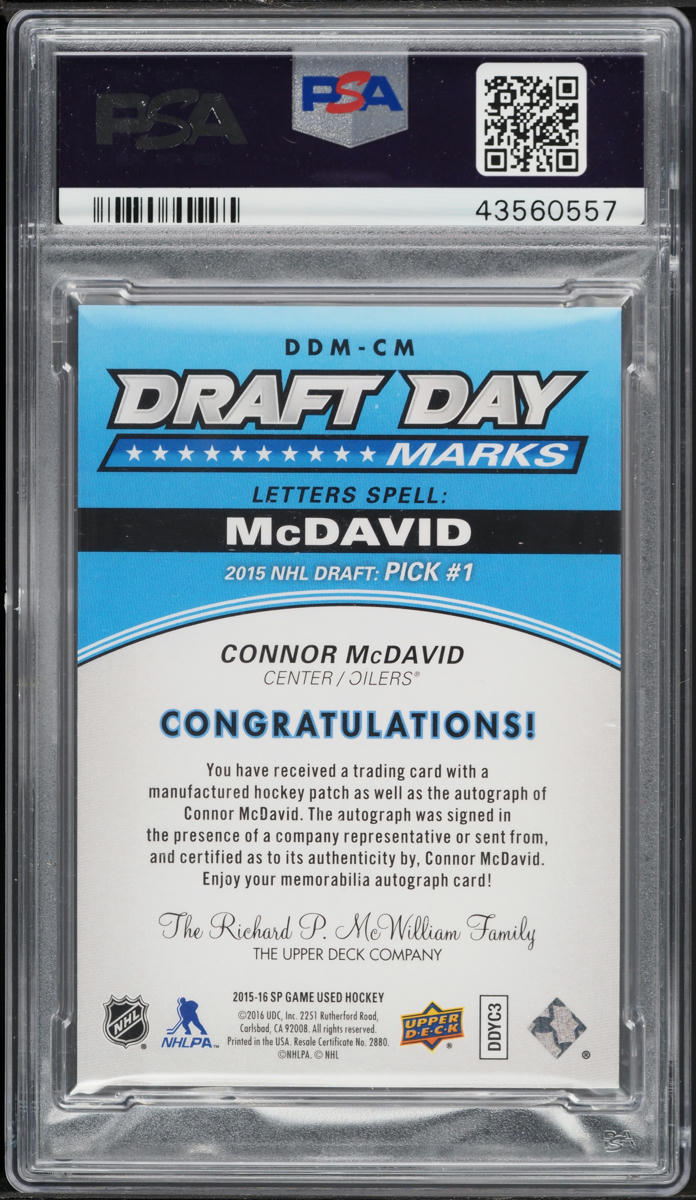 2015 SP Game Used Draft Day Marks Manufactured Letters Connor McDavid RC PATCH AUTO /35 PSA 9