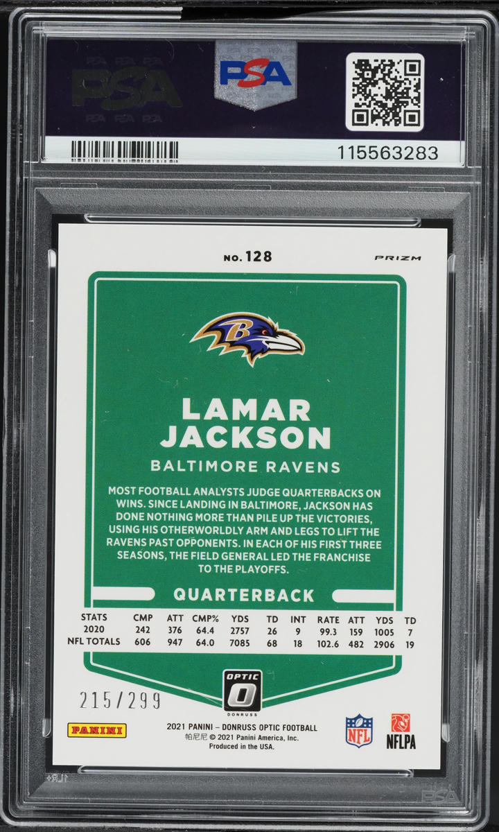 2021 Donruss Optic Aqua Lamar Jackson /299 #128 PSA 10 GEM MINT
