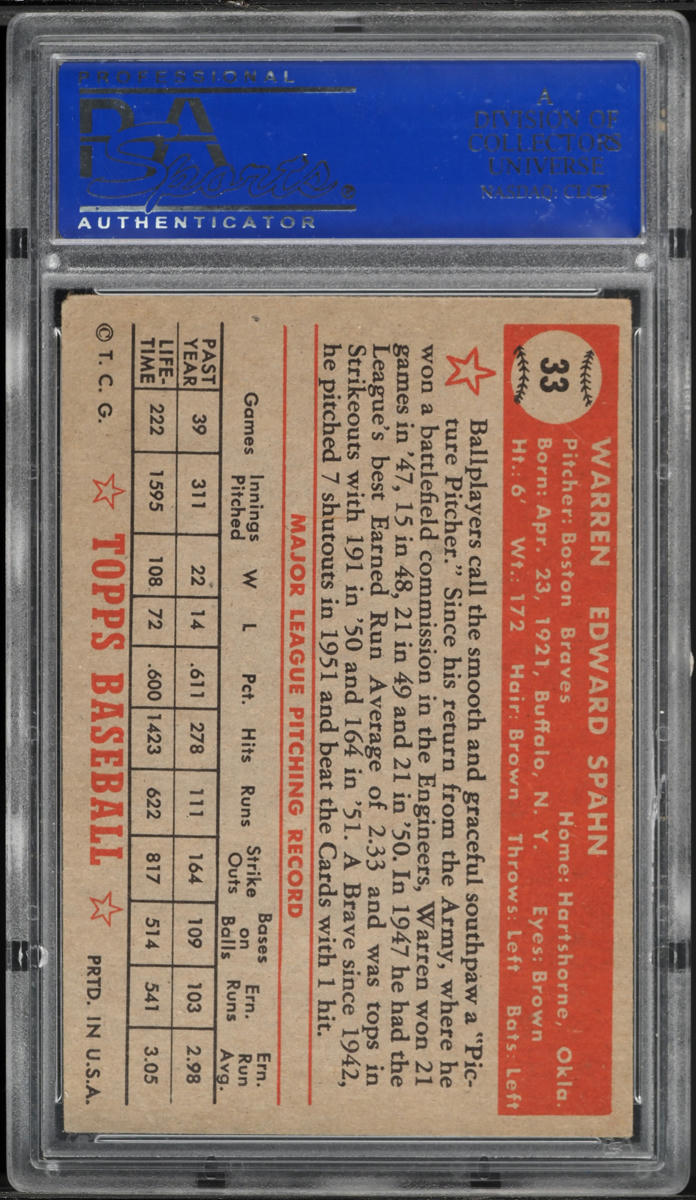 1952 Topps Warren Spahn #33 PSA 5 EX