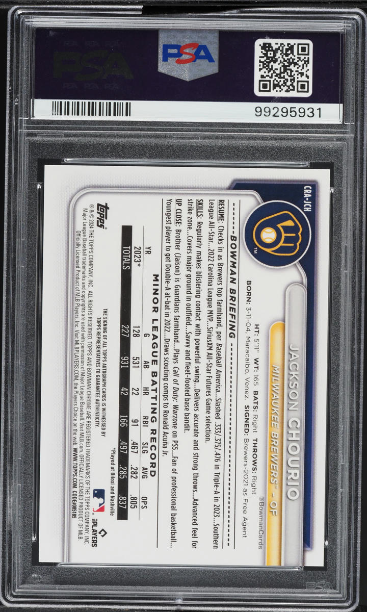 2024 Bowman Chrome Orange Refractor Jackson Chourio ROOKIE AUTO /25 #CRA-JCH PSA 10 GEM MINT
