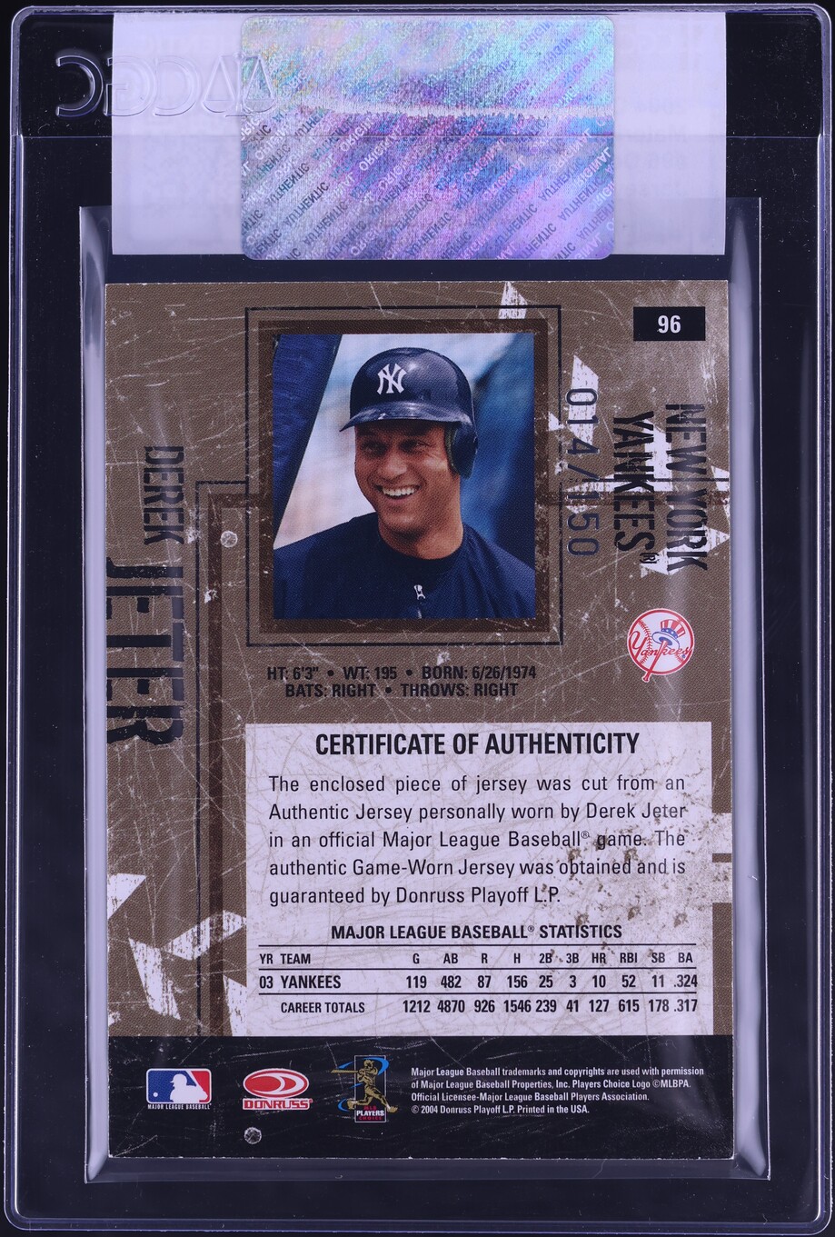2004 Donruss Leather & Lumber Materials Jersey Derek Jeter PATCH /150 #96 CGC AUTH