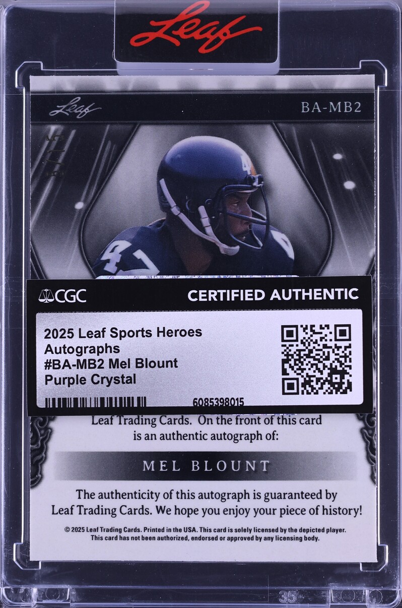 2025 Leaf Sports Heroes Purple Crystal Mel Blount AUTO /15 #BA-MB2 CGC AUTH
