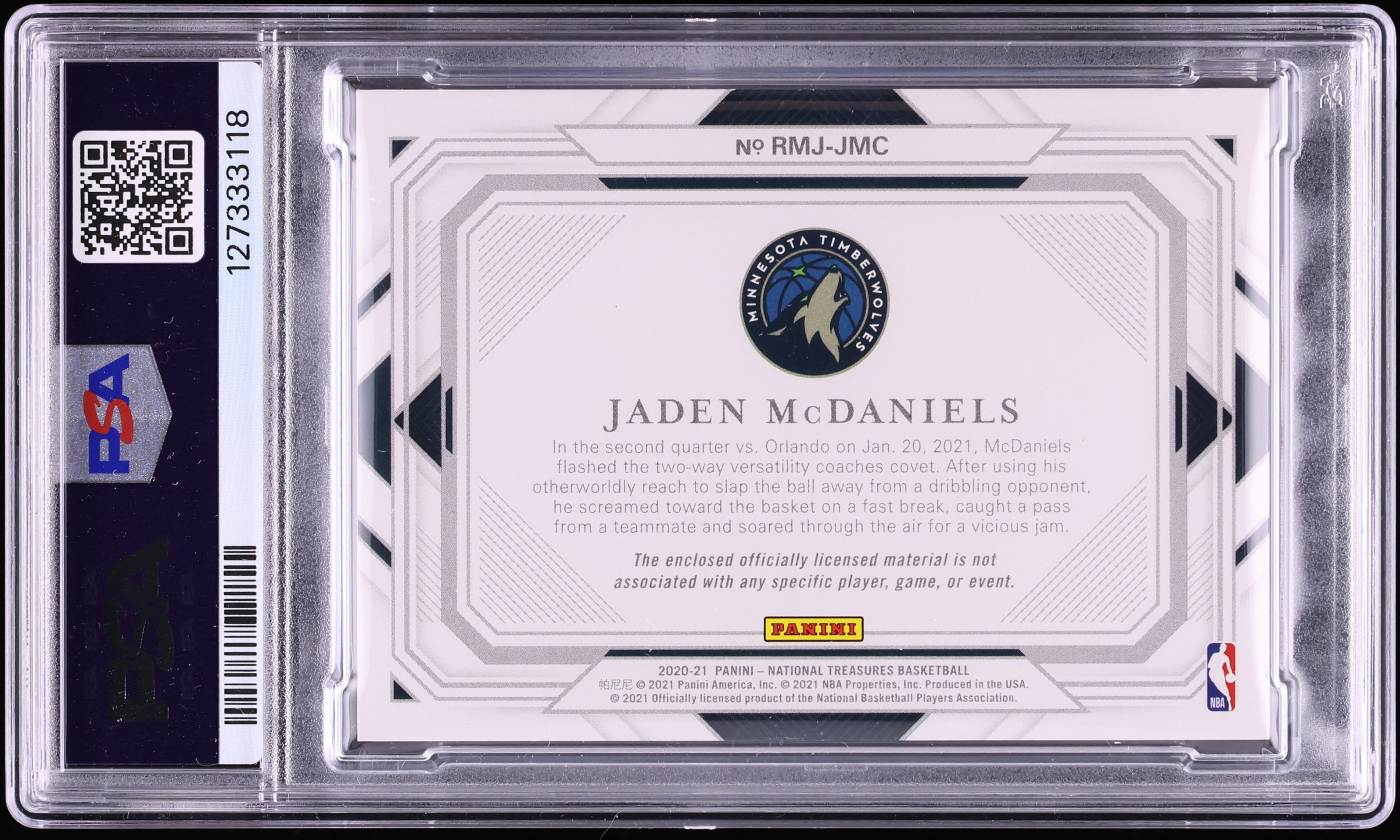 2020 National Treasures Jumbo Super Prime Jaden McDaniels ROOKIE