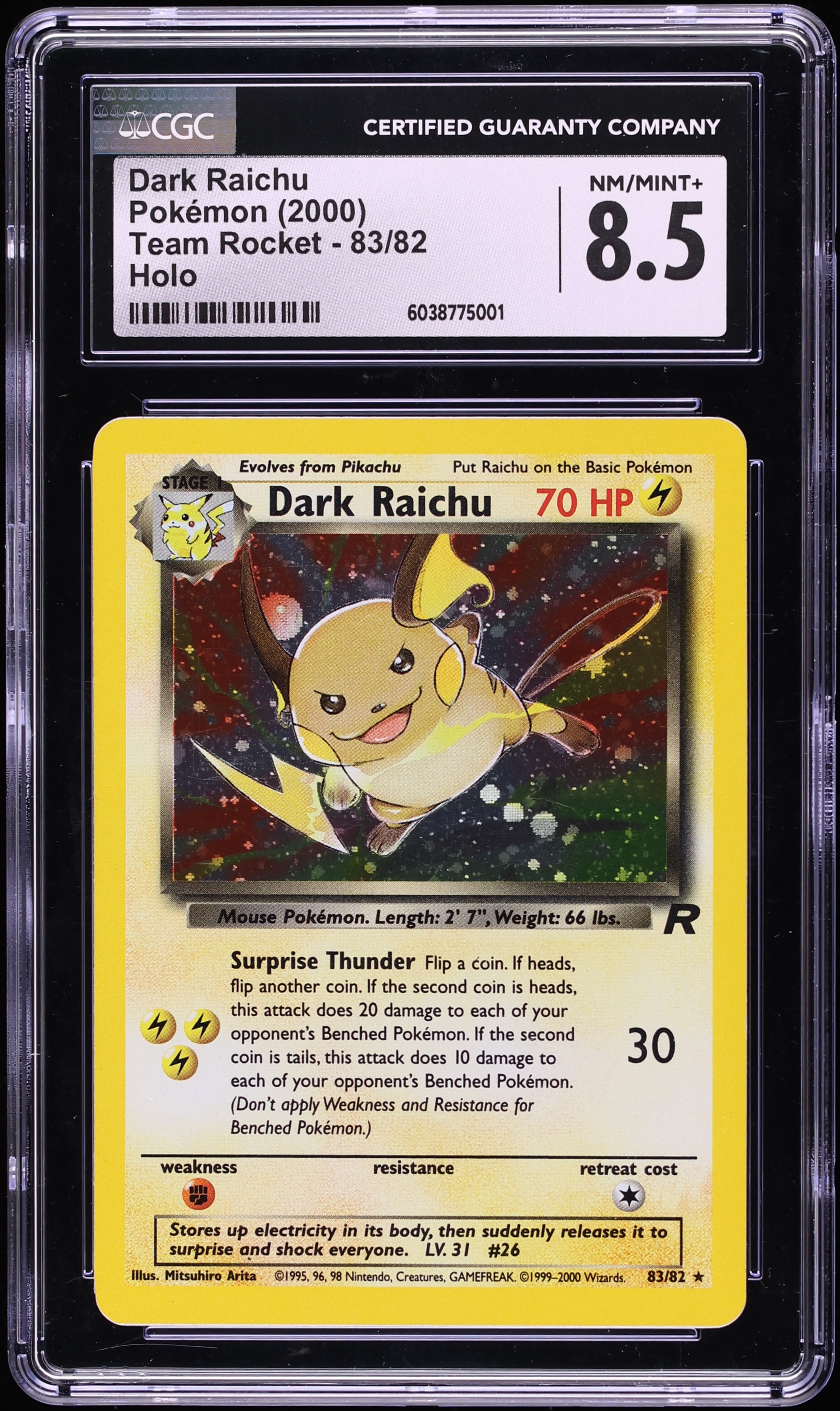 2000 Pokemon Team Rocket Holo Dark Raichu #83 CGC 8.5 NM-MT+ on