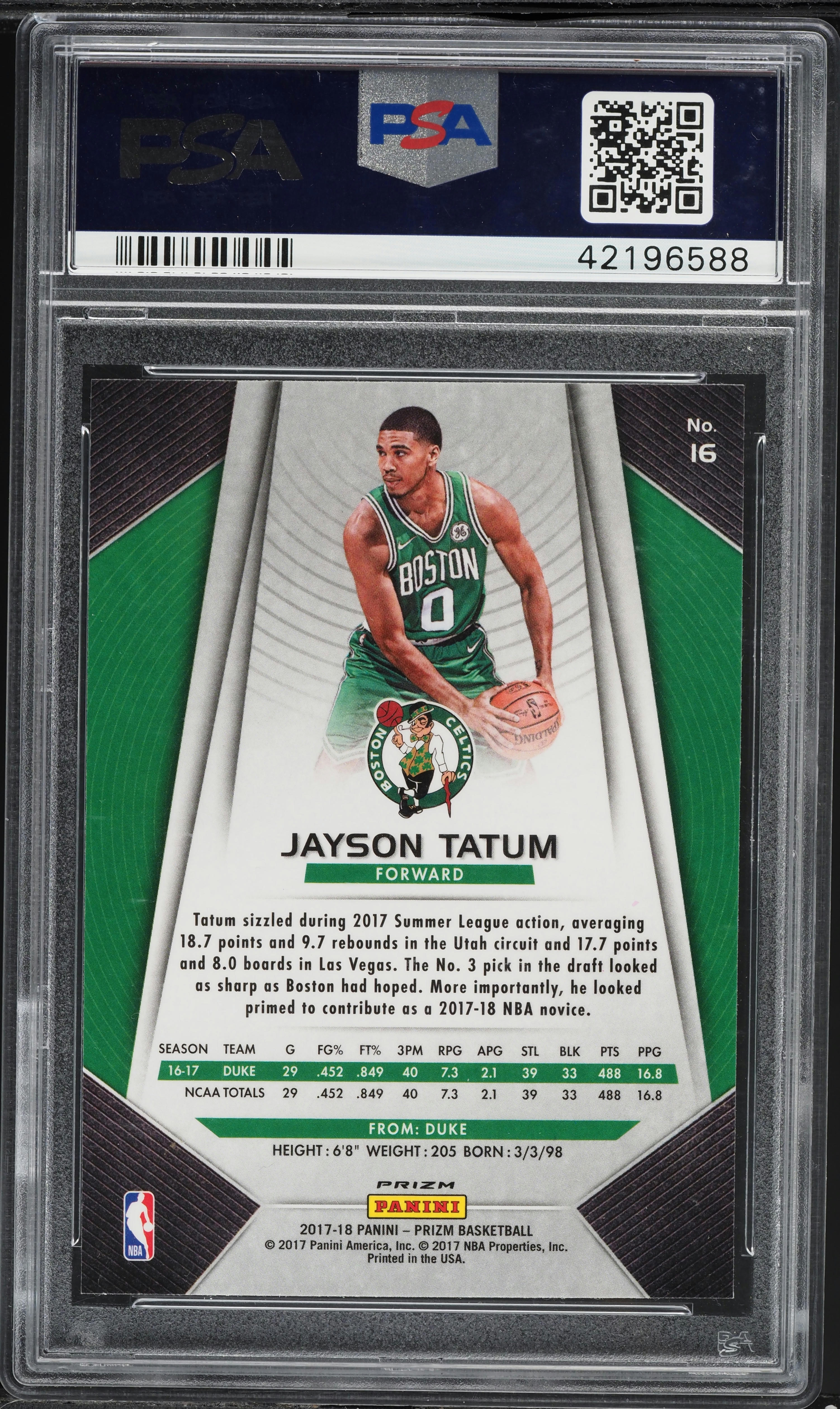 2017 Panini Prizm Green Jayson Tatum ROOKIE #16 PSA 9 MINT on