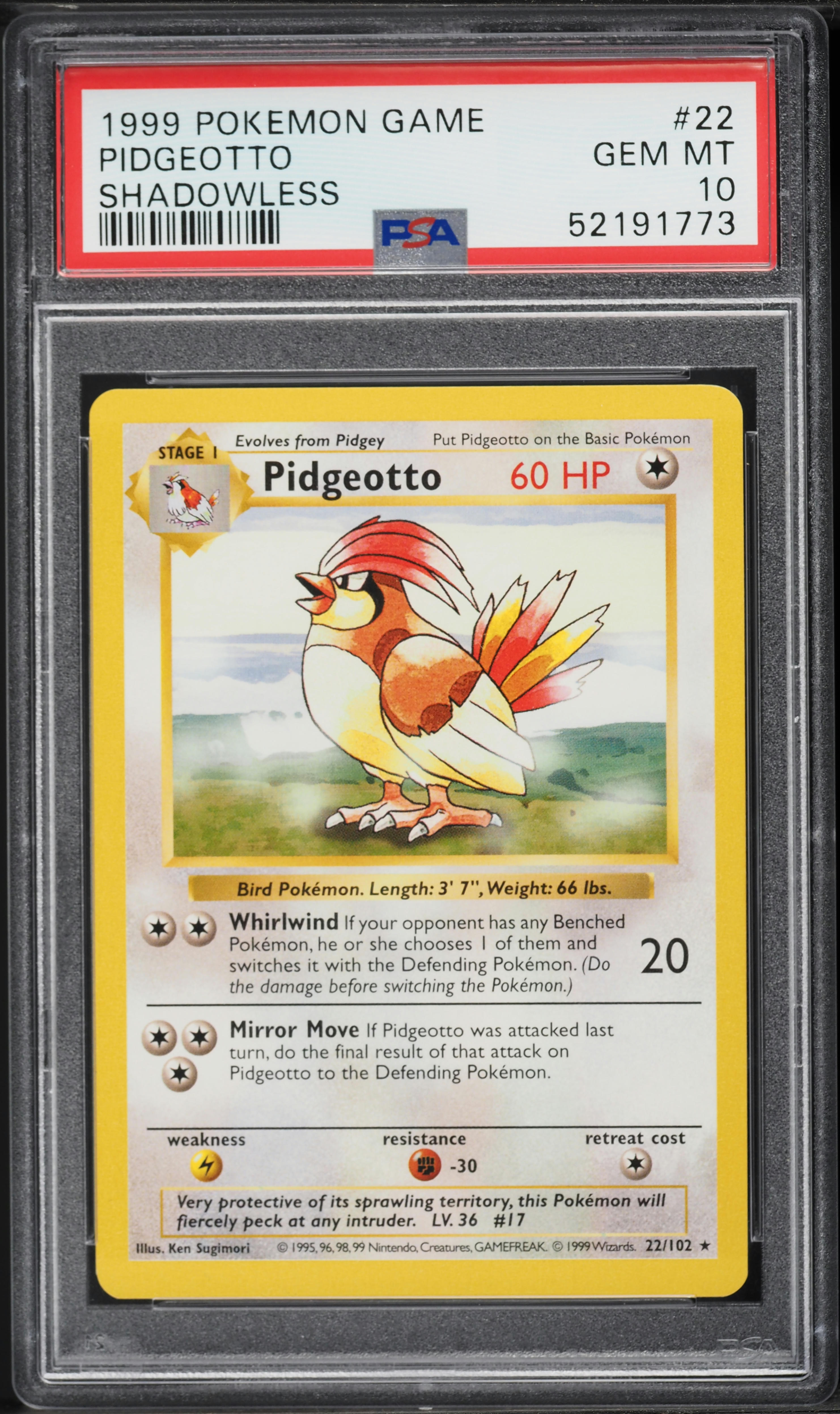 1999 Pokemon Base Set Shadowless Pidgeotto #22 PSA 10 GEM MINT on