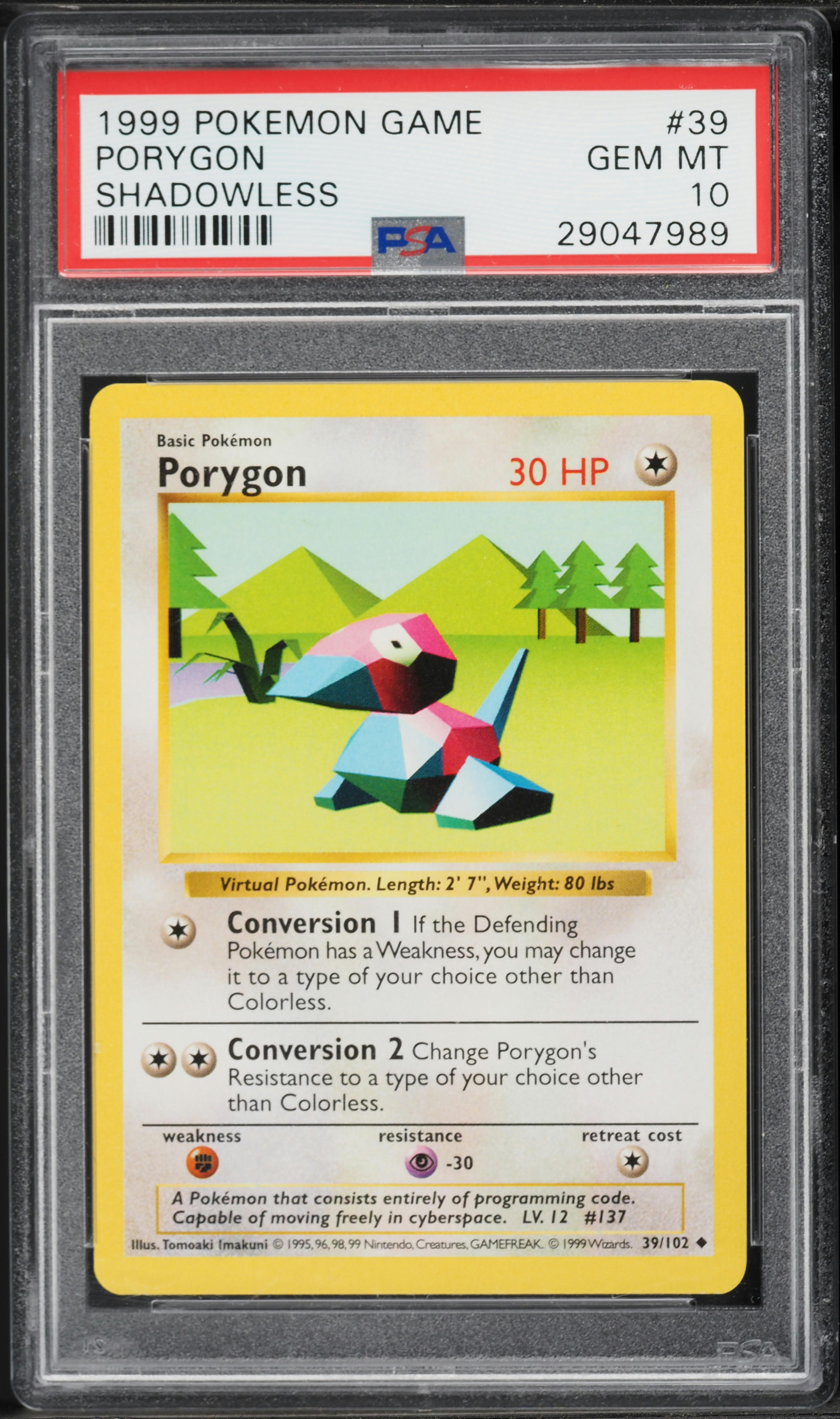 1999 Pokemon Base Set Shadowless Porygon #39 PSA 10 GEM MINT on