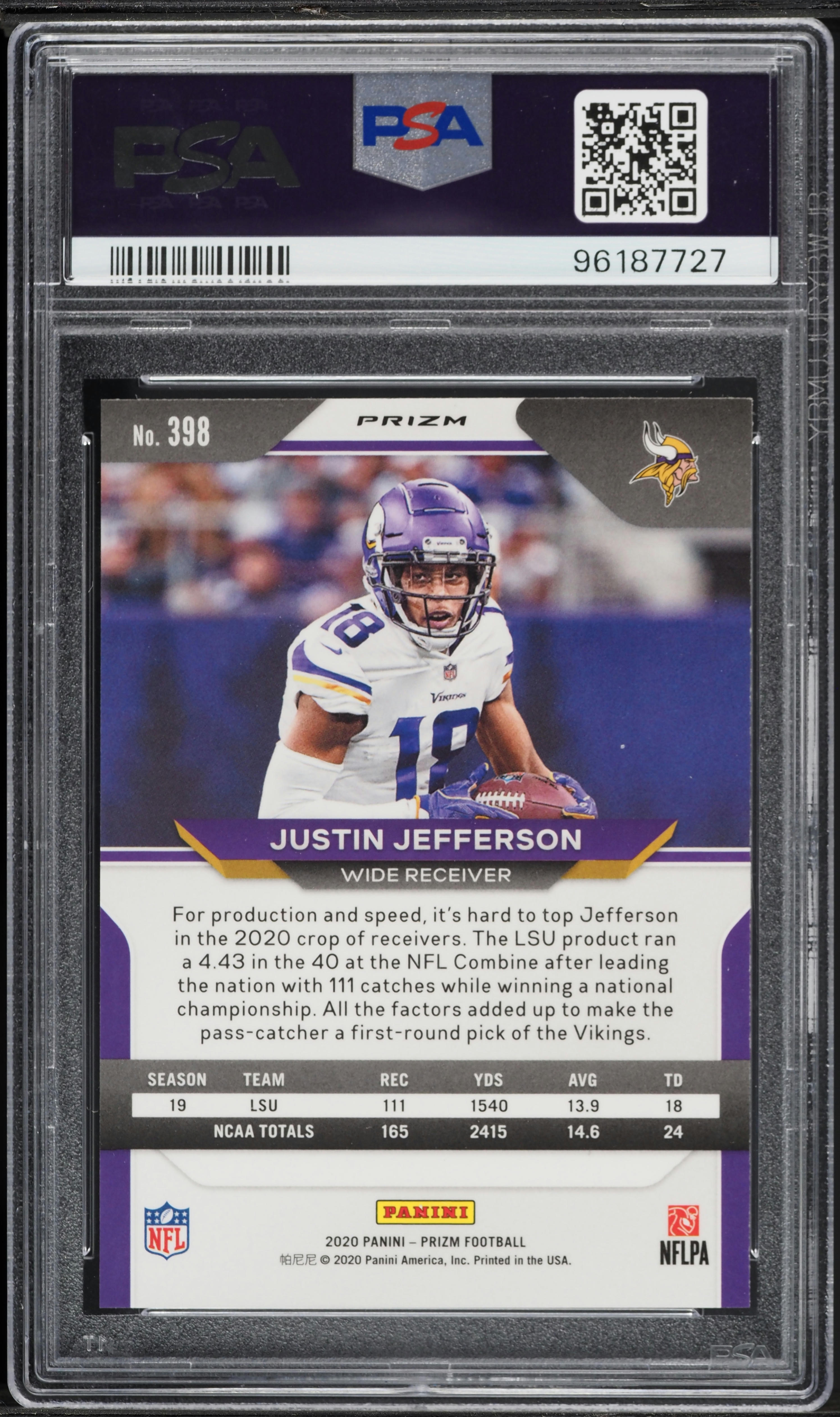 2020 Panini Prizm Silver Justin Jefferson ROOKIE #398 PSA 10 GEM