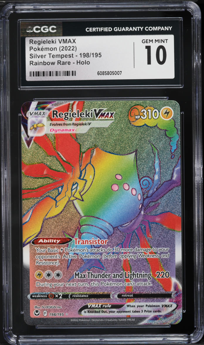 2022 Pokemon Sword & Shield Silver Tempest Rainbow Rare Regieleki VMAX #198 CGC 10 GEM MINT on Fanatics Collect 2022 Pokemon Sword & Shield Silver Tempest Rainbow Rare Regieleki VMAX #198 CGC 10 GEM MINT on Fanatics Collect