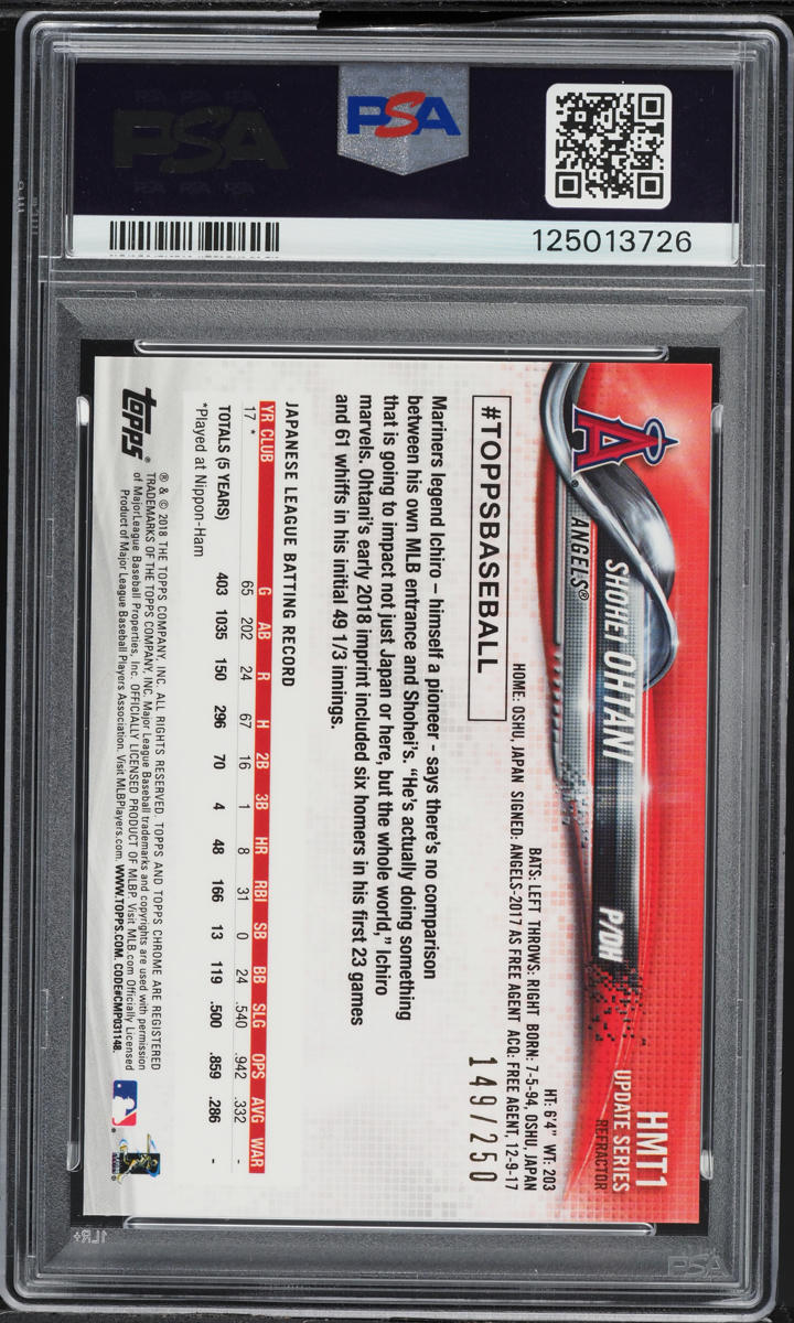 2018 Topps Chrome Update Refractor Shohei Ohtani ROOKIE /250 #HMT1 PSA 10 GEM MINT