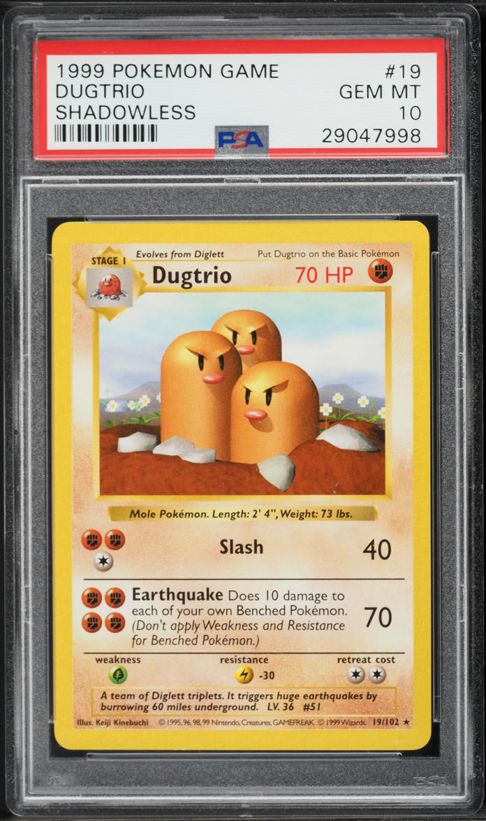 1999 Pokemon Base Set Shadowless Dugtrio #19 PSA 10 GEM MINT