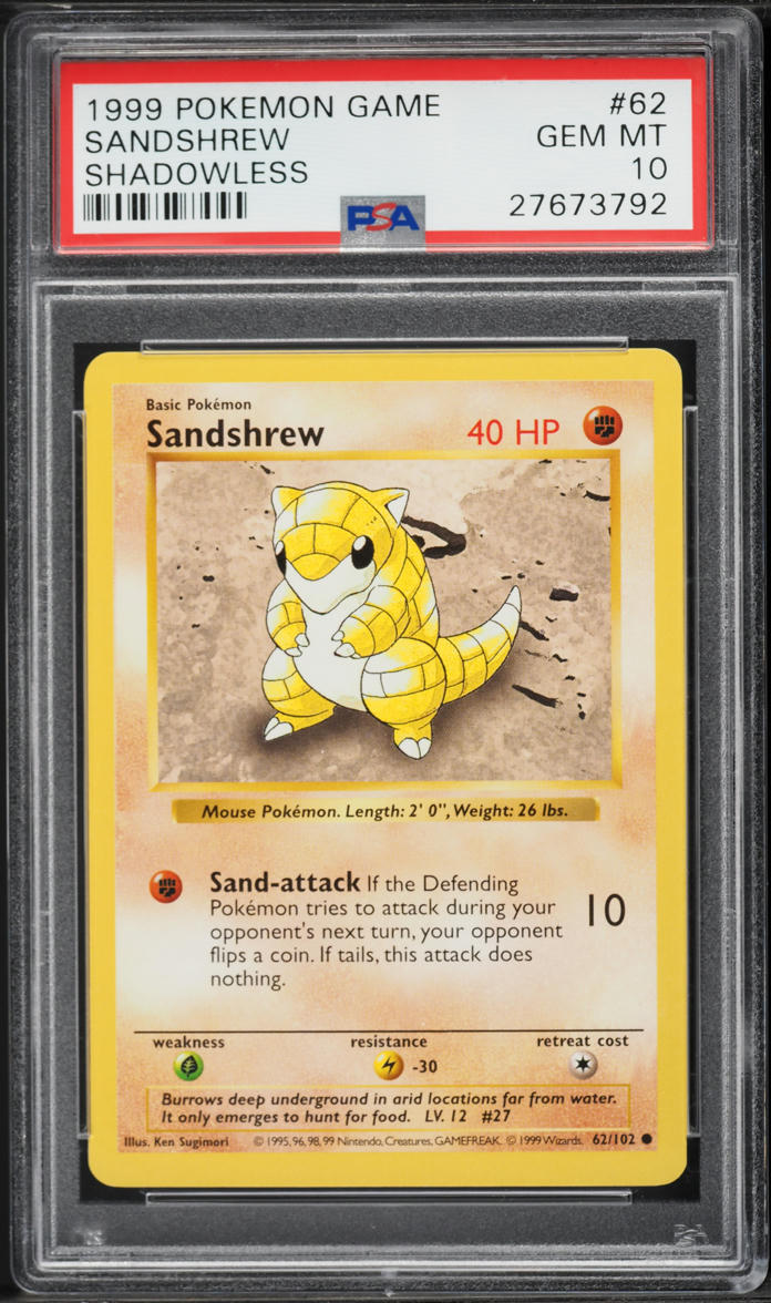 1999 Pokemon Base Set Shadowless Sandshrew #62 PSA 10 GEM MINT