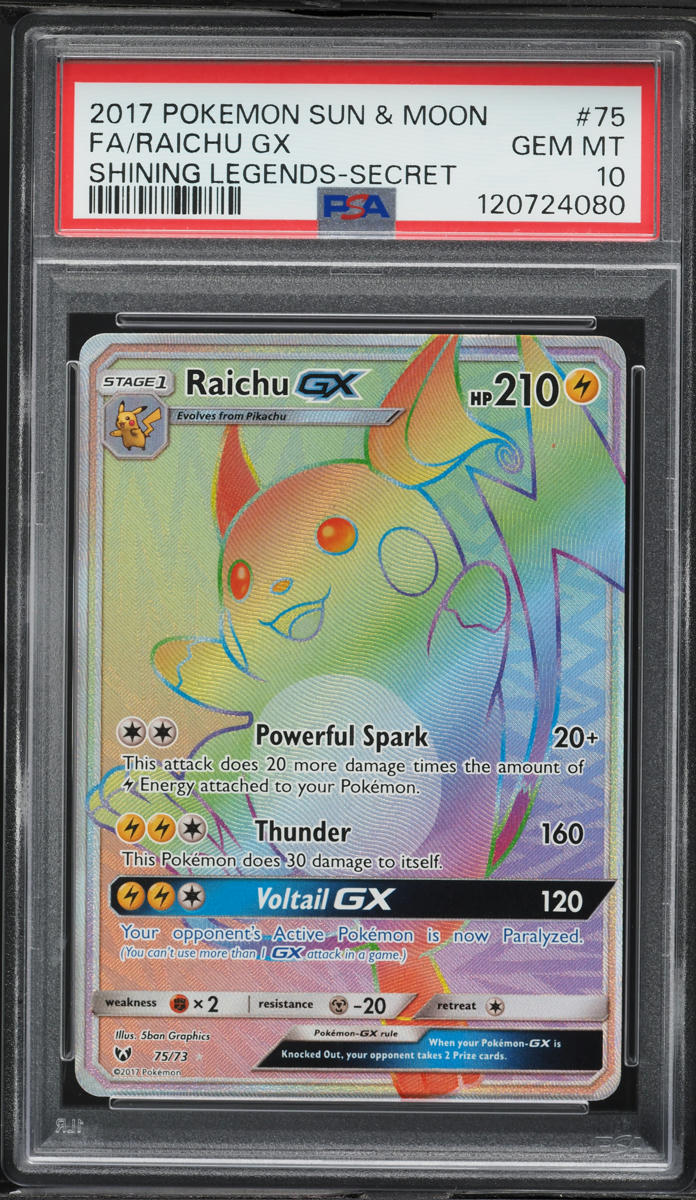2017 Pokemon Sun & Moon Shining Legends Rainbow Rare Raichu GX #75 PSA 10 GEM MINT