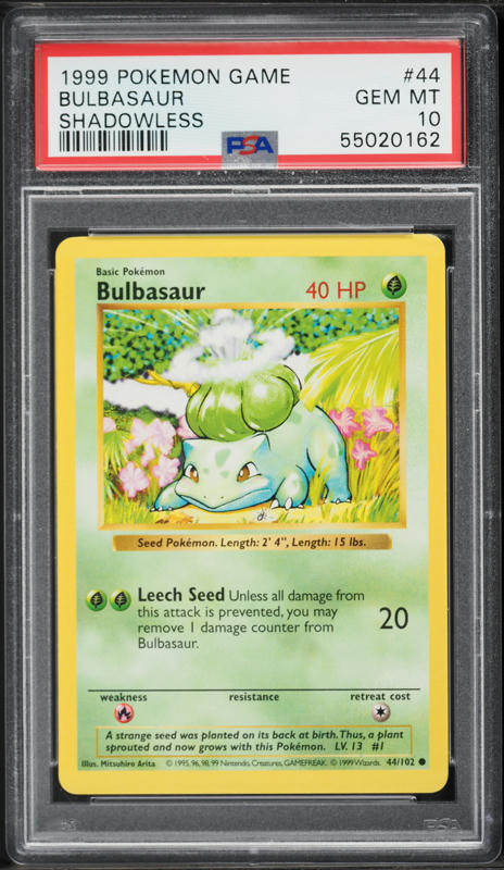 1999 Pokemon Base Set Shadowless Bulbasaur #44 PSA 10 GEM MINT on