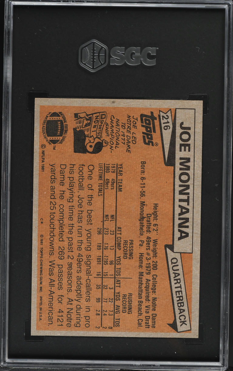1981 Topps Football Joe Montana ROOKIE #216 SGC 8 NM-MT