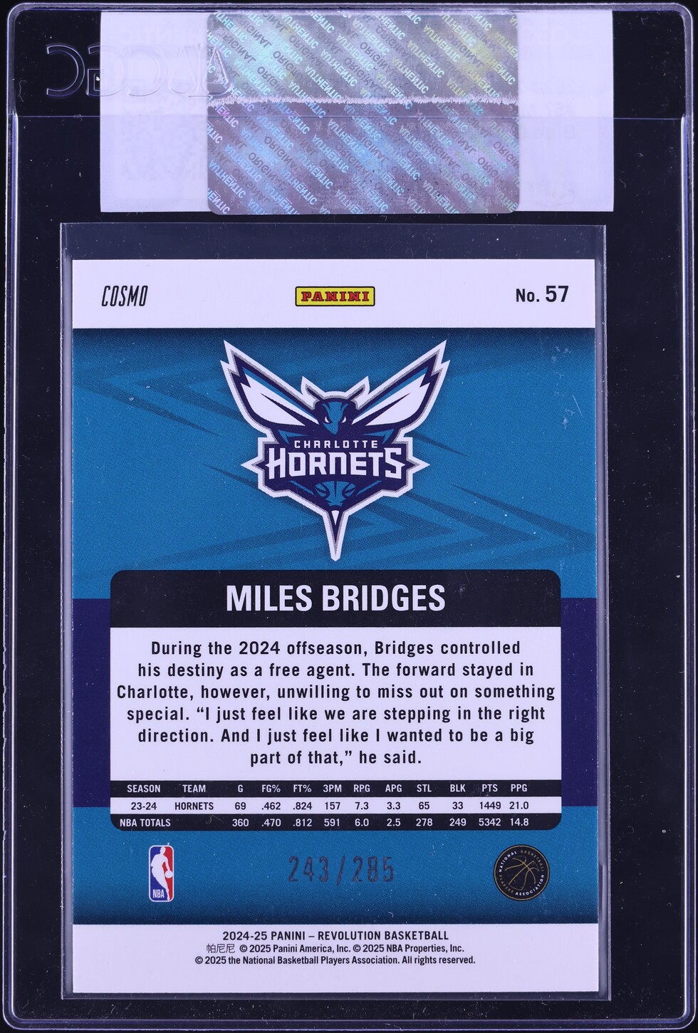 2024 Panini Revolution Blue Cosmo Miles Bridges /285 #57 CGC AUTH