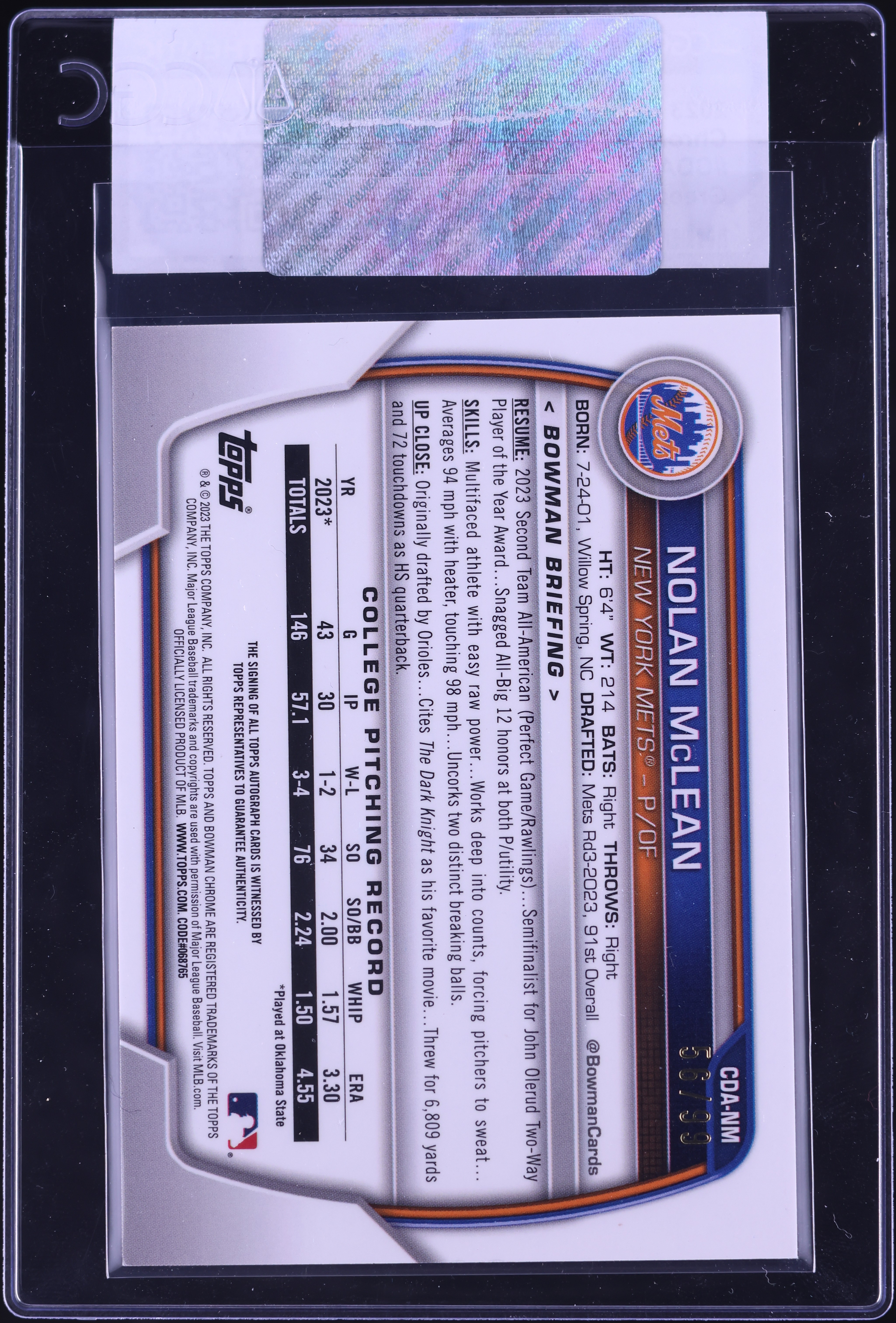 2023 Bowman Draft Chrome Green Refractor Nolan McLean PROSPECT 