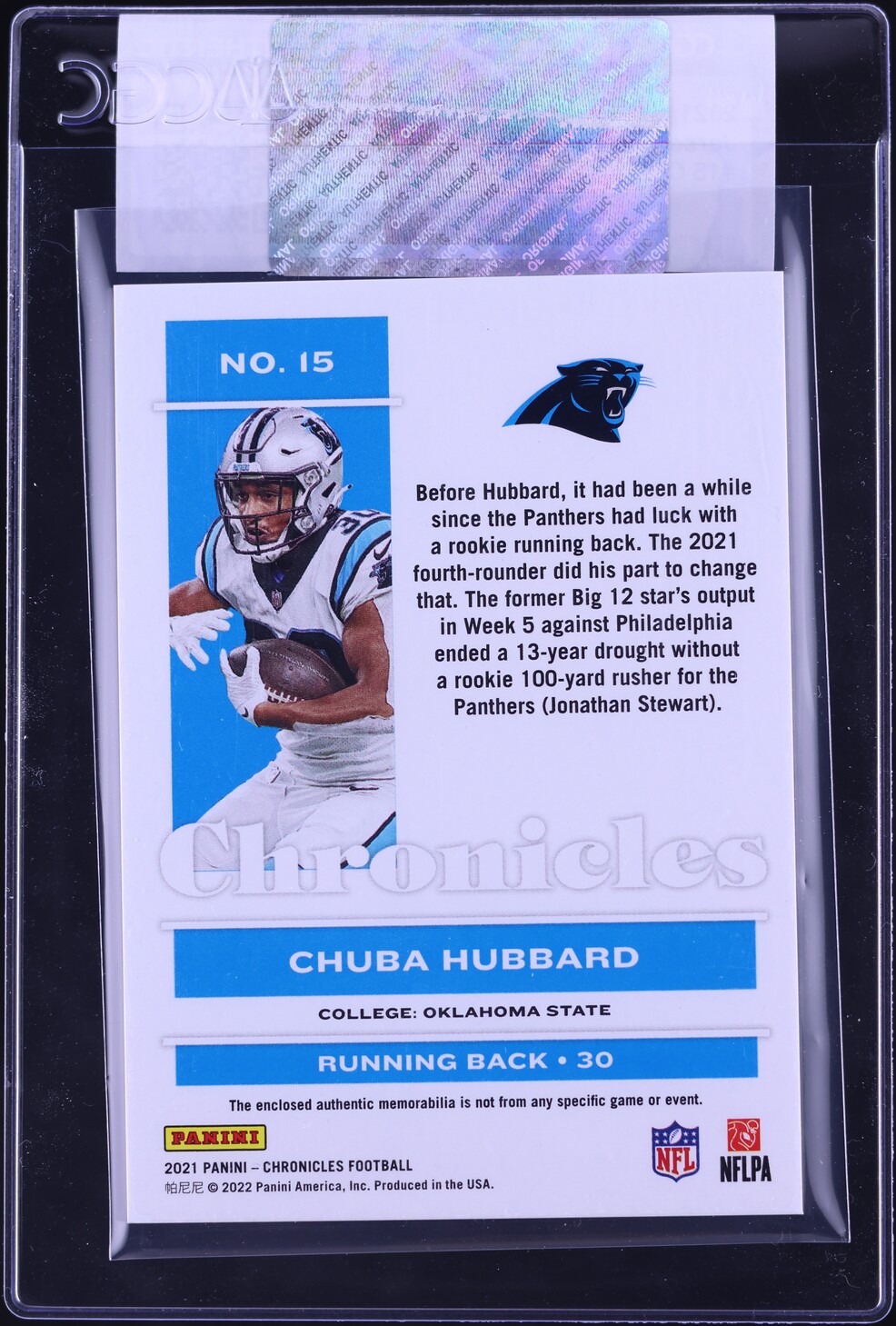 2021 Panini Chronicles Jerseys Chuba Hubbard ROOKIE PATCH /199 #15 CGC AUTH