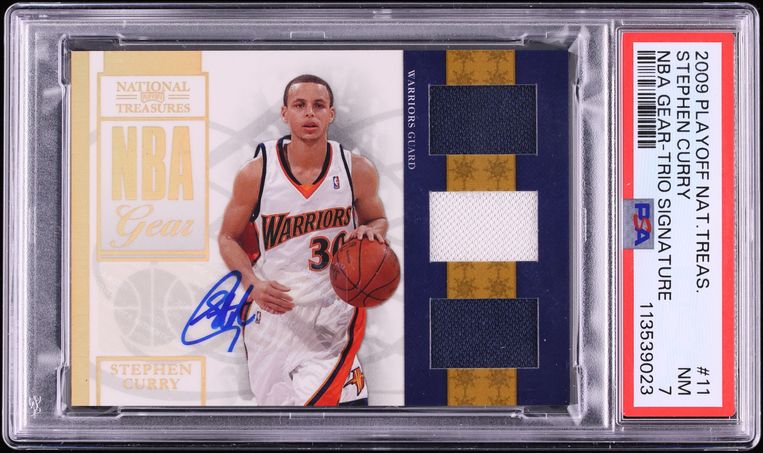 2009 Playoff National Treasures NBA Gear Stephen Curry ROOKIE PATCH AUTO /30 #11 PSA 7 NRMT