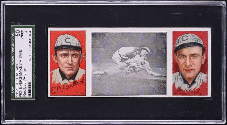 1912 T202 Hassan Evers Makes A Safe Slide Edward Reulbach & James Archer #63 SGC 4 VGEX