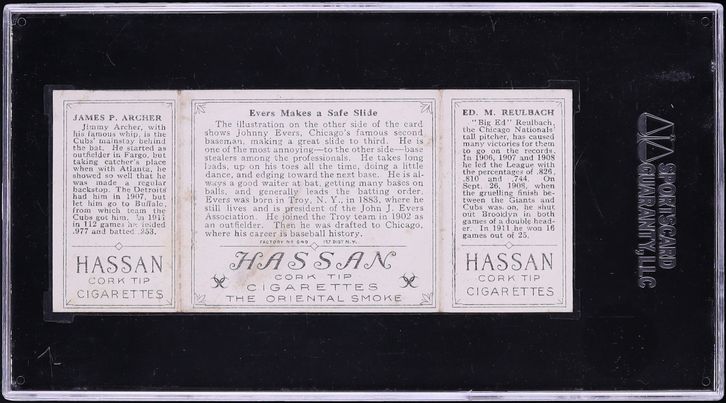1912 T202 Hassan Evers Makes A Safe Slide Edward Reulbach & James Archer #63 SGC 4 VGEX