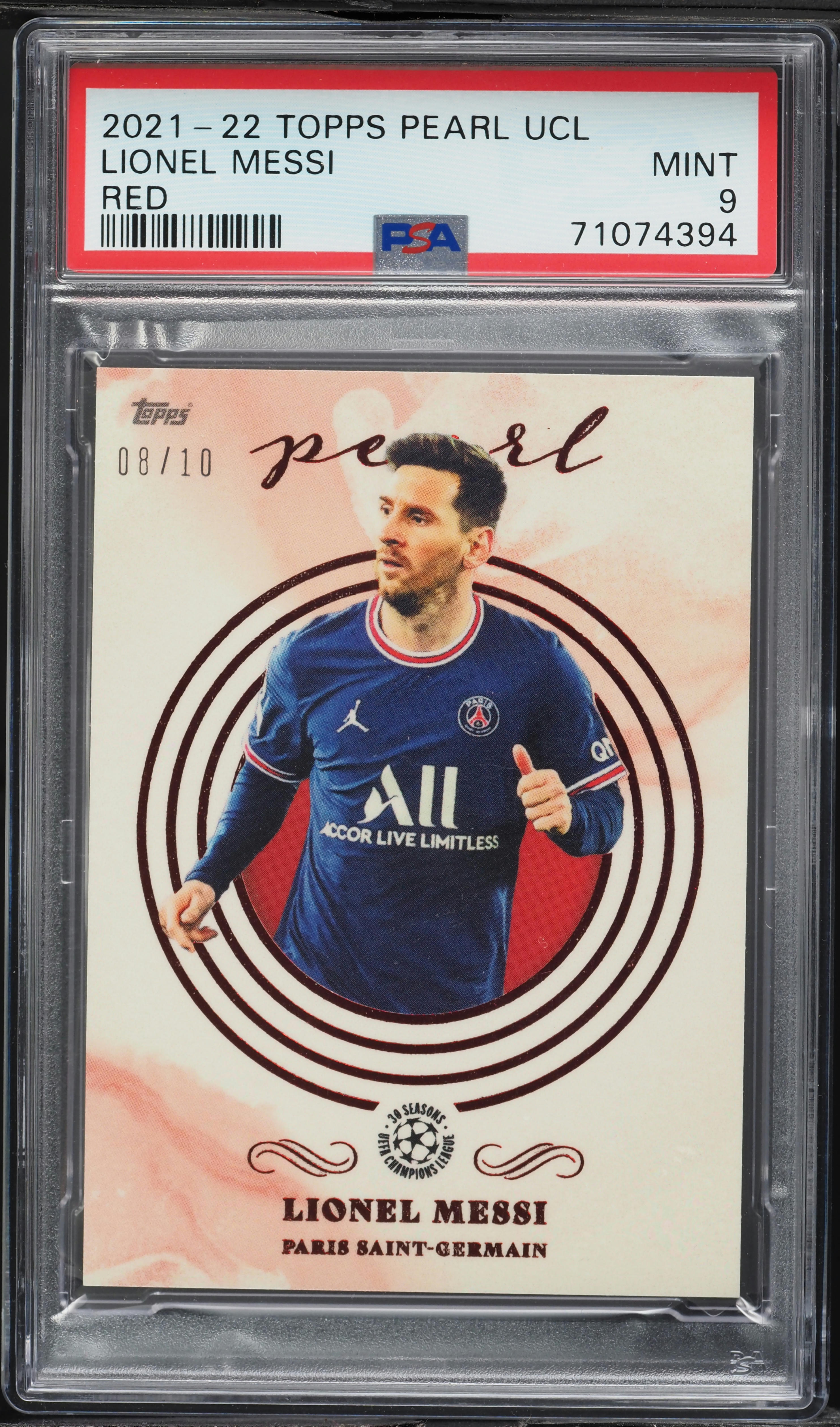 2021 Topps Pearl UEFA Champions League Red Lionel Messi /10 PSA 9