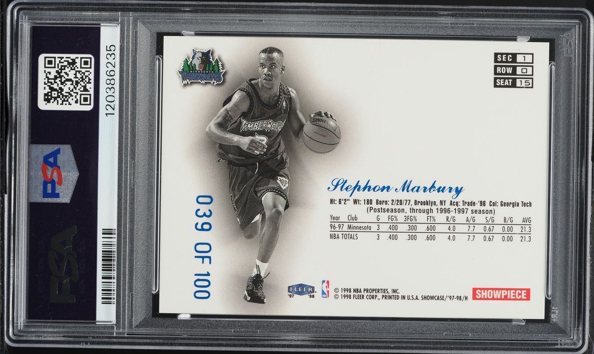 1997 Flair Showcase Legacy Collection Row 0 Stephon Marbury /100 #15 PSA 8 NM-MT