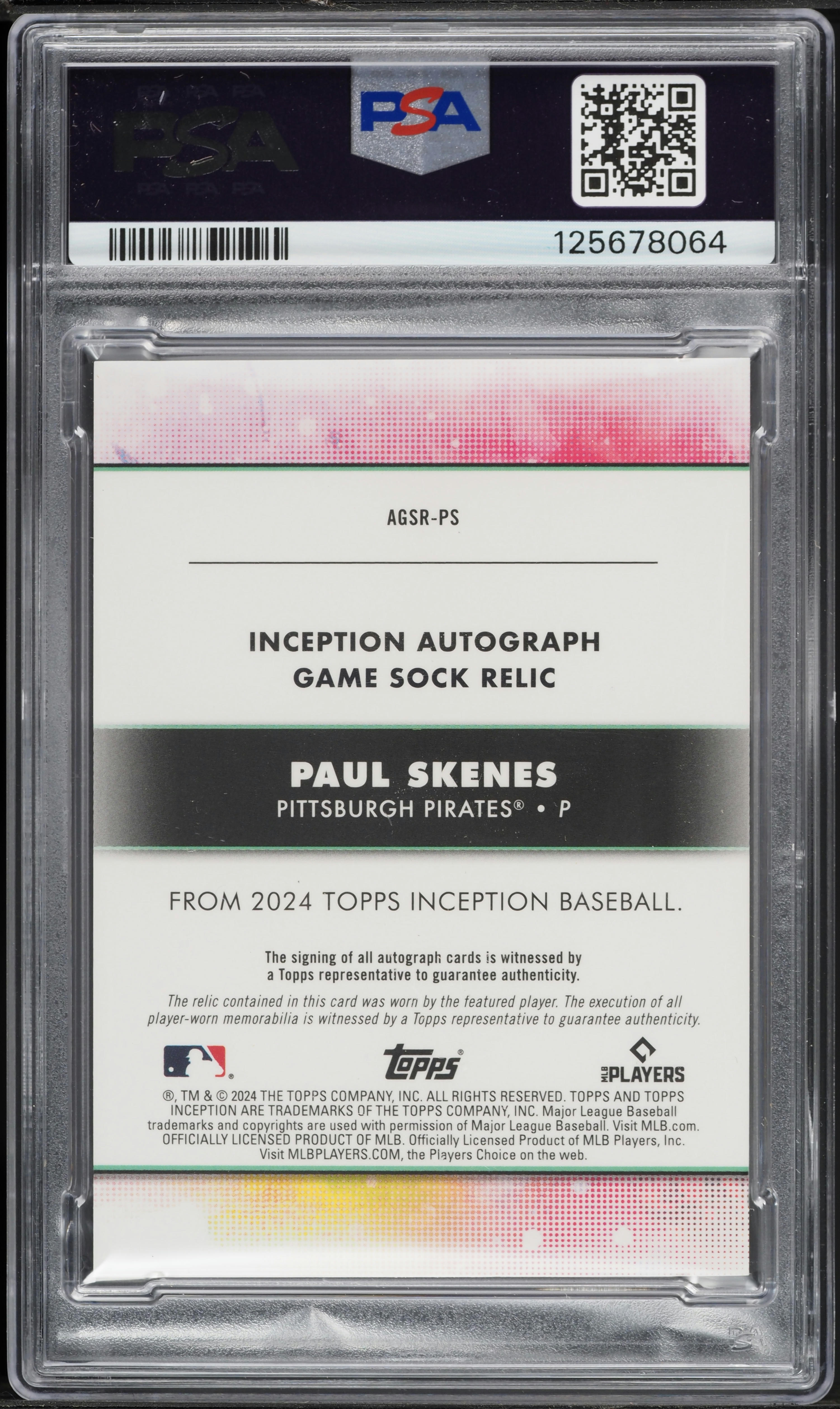 2024 Topps Inception Game Sock Relic Paul Skenes ROOKIE PATCH AUTO 