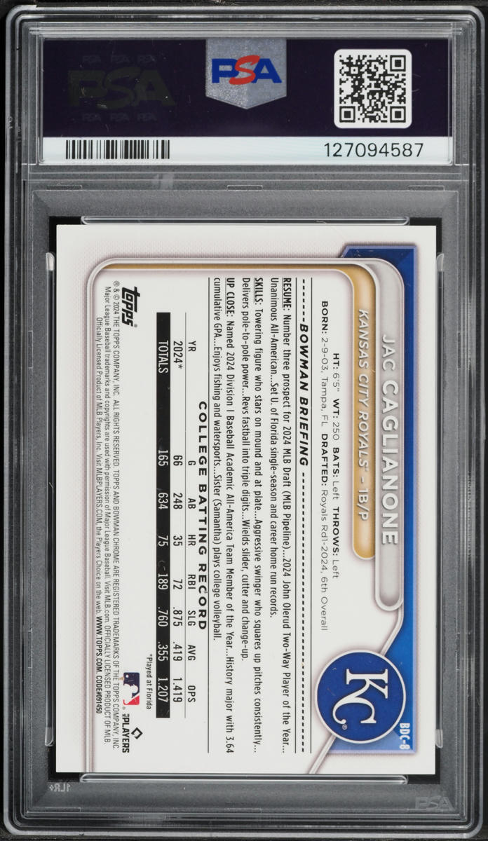 2024 Bowman Chrome Draft Orange Refractor Jac Caglianone PROSPECT /25 #BDC-8 PSA 9 MINT