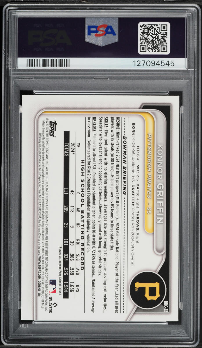 2024 Bowman Chrome Draft Green Refractor Konnor Griffin PROSPECT /99 #BDC-22 PSA 9 MINT