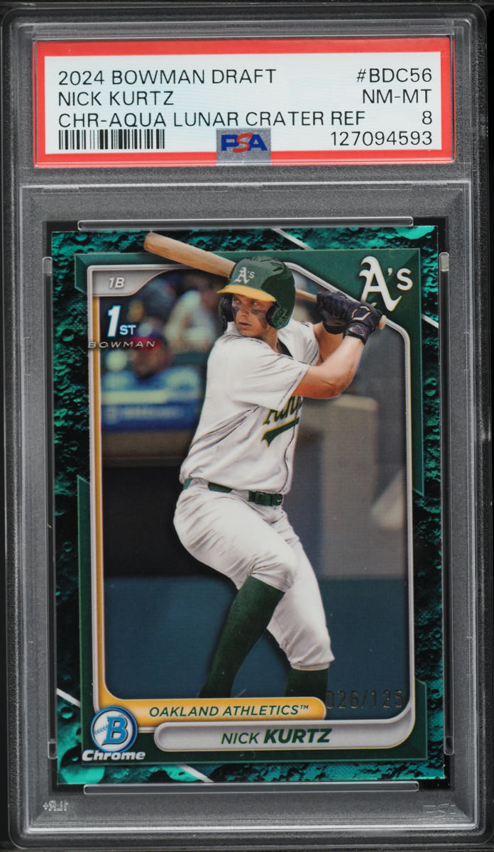 2024 Bowman Chrome Draft Aqua Lunar Crater Refractor Nick Kurtz PROSPECT /125 #BDC-56 PSA 8