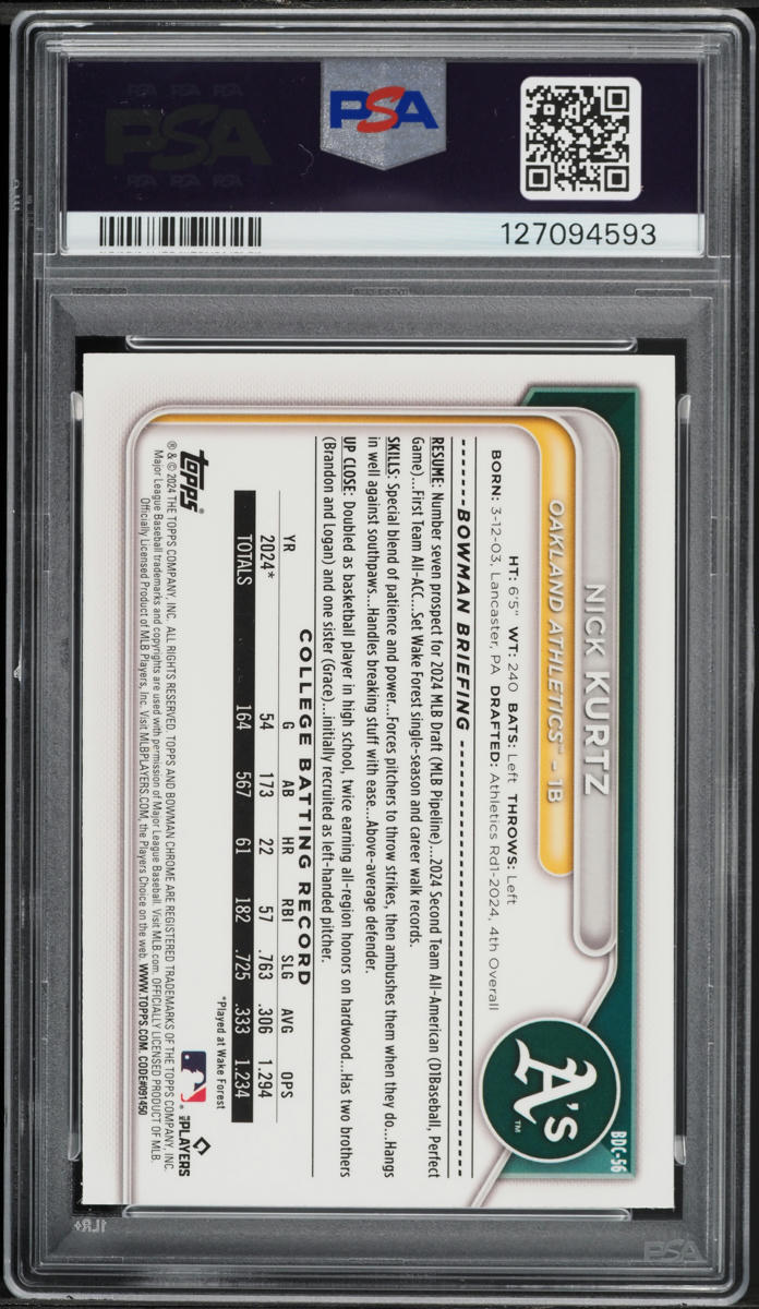 2024 Bowman Chrome Draft Aqua Lunar Crater Refractor Nick Kurtz PROSPECT /125 #BDC-56 PSA 8