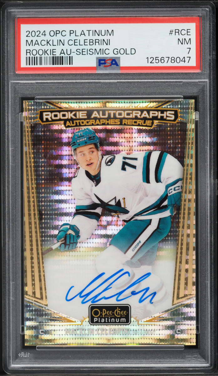 2024 Upper Deck O-Pee-Chee Platinum Seismic Gold Macklin Celebrini ROOKIE AUTO /25 #R-CE PSA 7