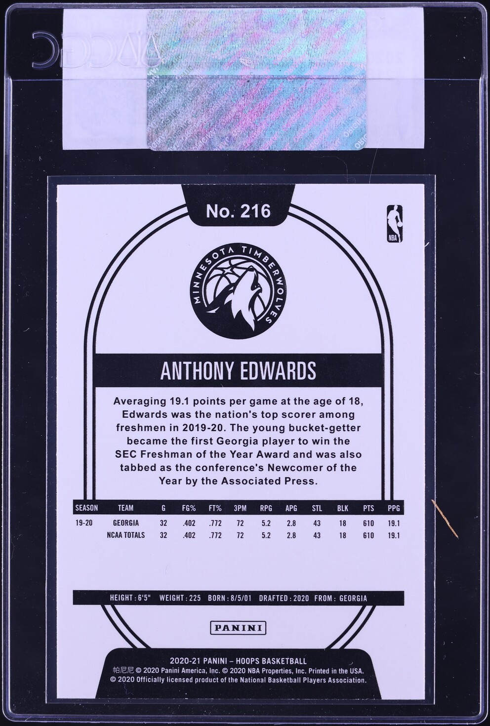 2020 Hoops Anthony Edwards ROOKIE #216 CGC AUTH