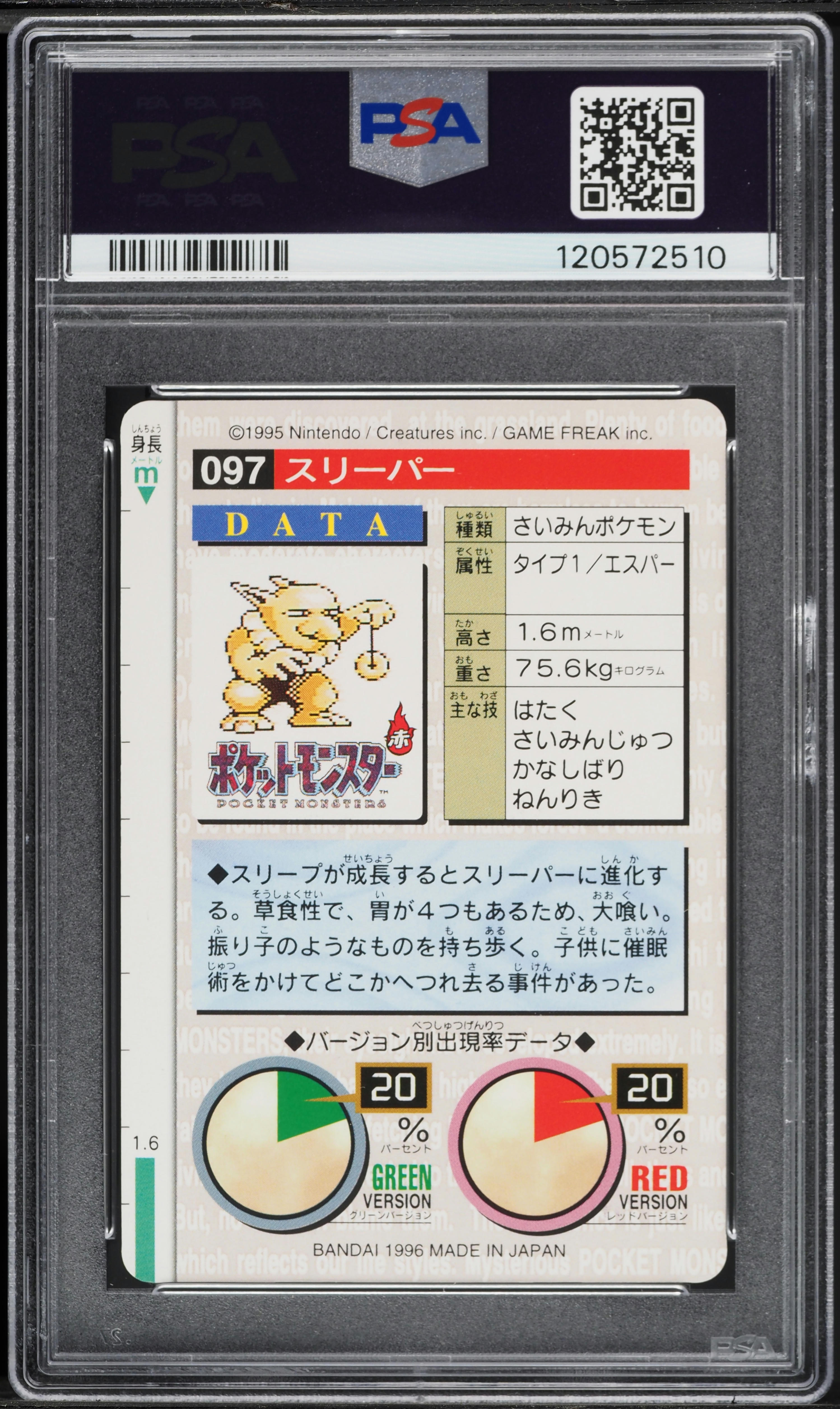 1996 Pokemon Japanese Bandai Carddass Vending Green Hypno #97 PSA