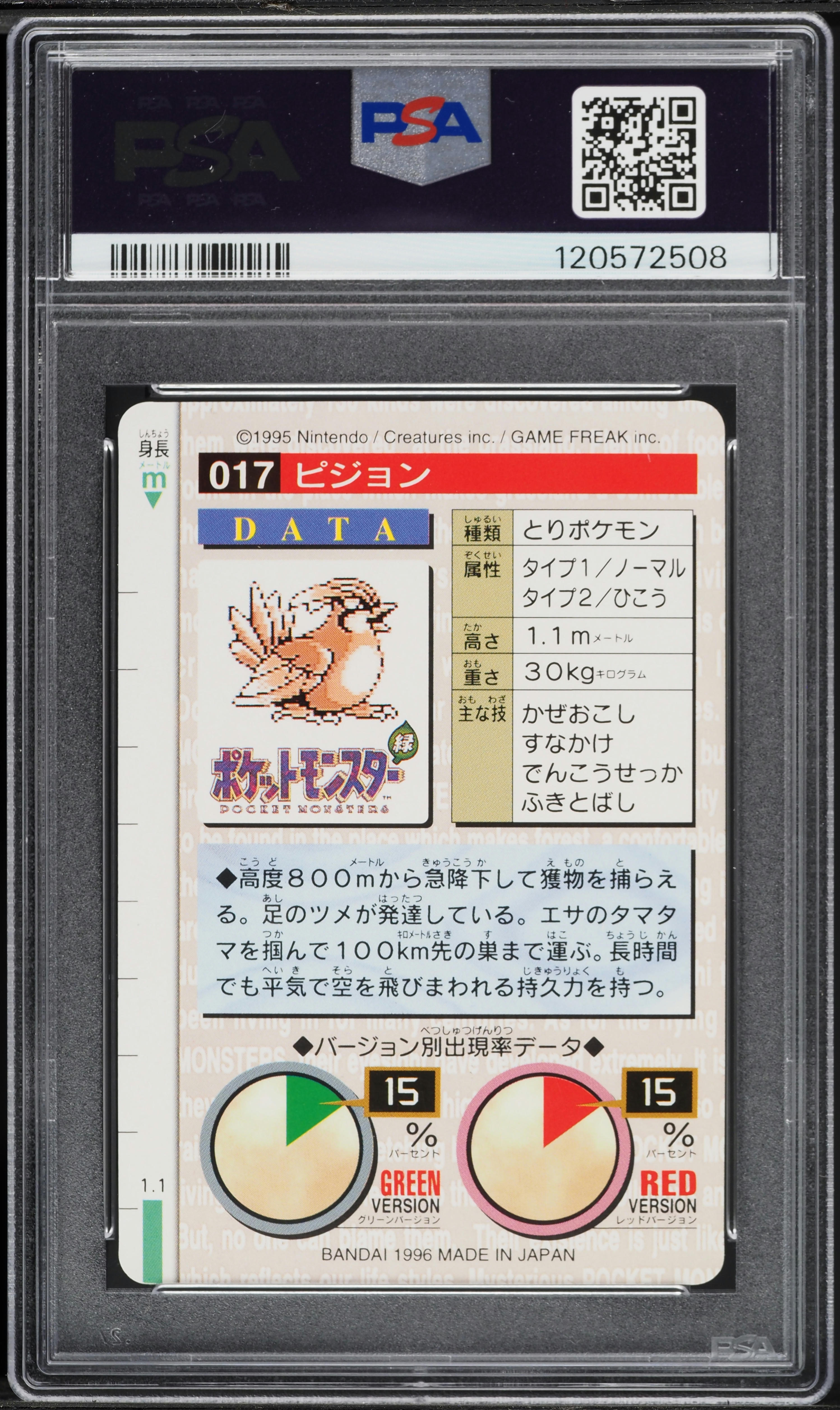 1996 Pokemon Japanese Bandai Carddass Vending Green Pidgeotto #17