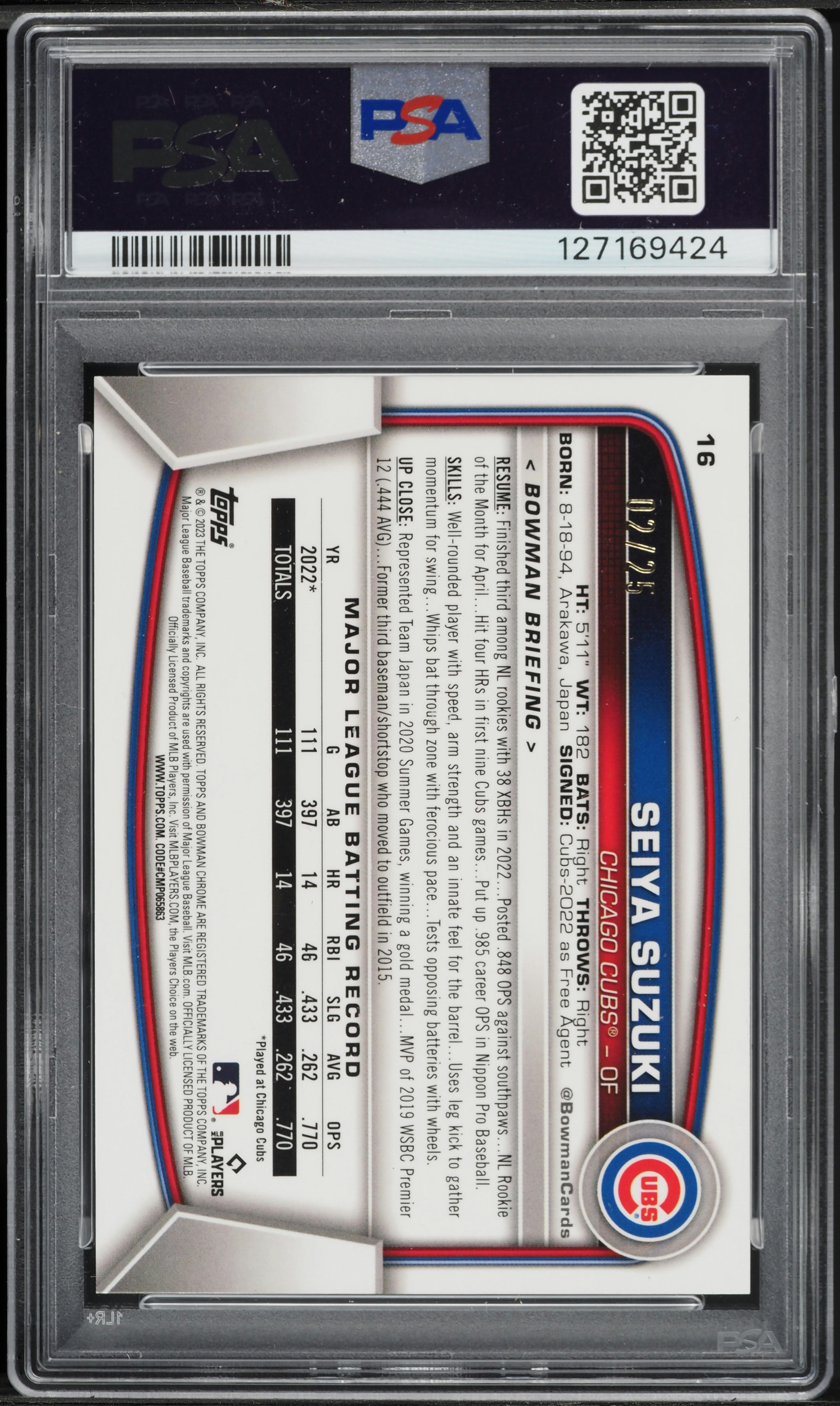 2023 Bowman Chrome Orange Refractor Seiya Suzuki #16 PSA 10 GEM