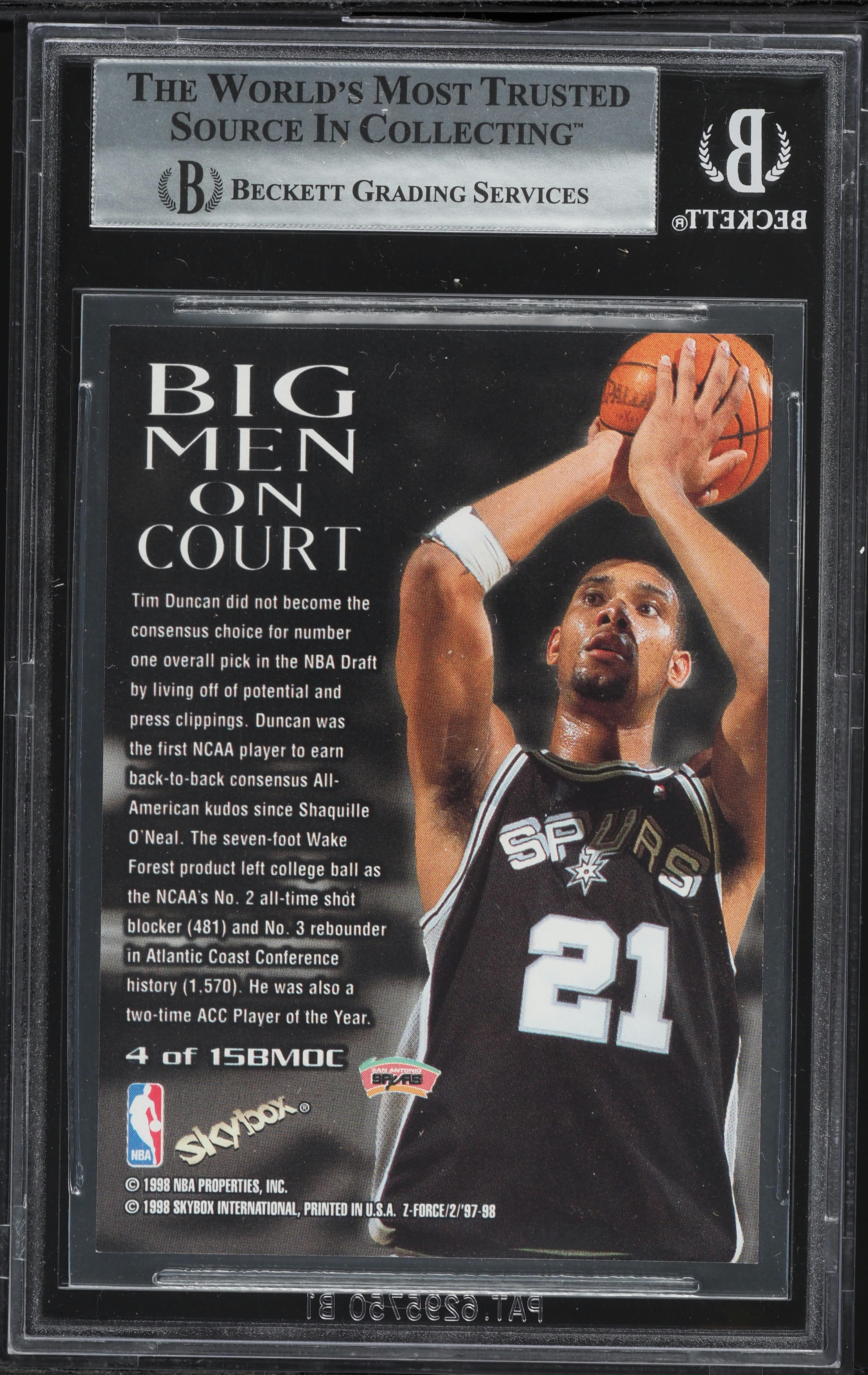 1997 Skybox Z-Force Big Men On Court Tim Duncan ROOKIE #4 BGS 9