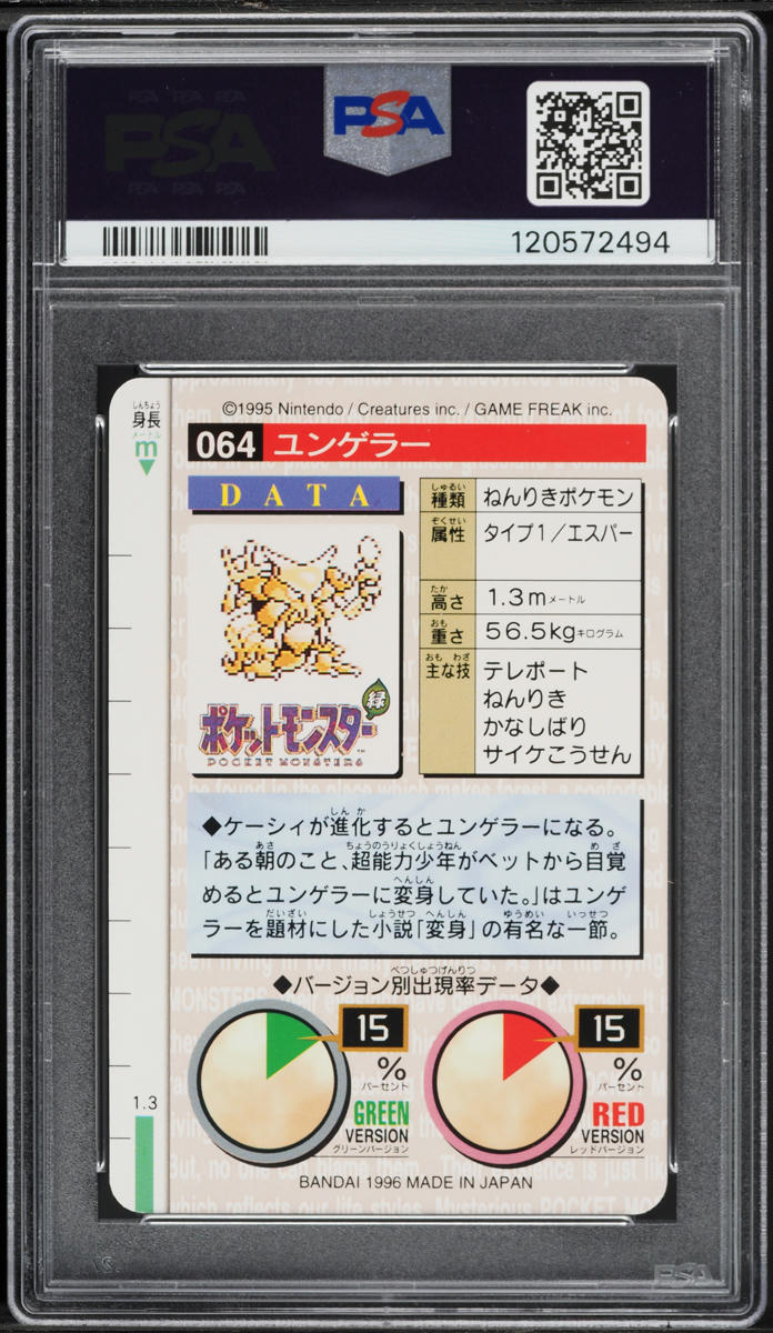 1996 Pokemon Japanese Bandai Carddass Vending Red Kadabra #64 PSA 10 GEM MINT