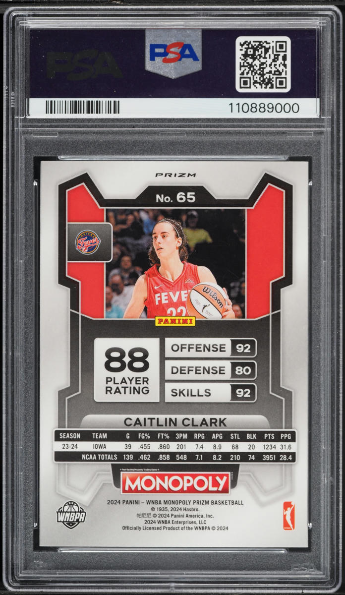 2024 Panini Prizm Monopoly WNBA Silver Caitlin Clark ROOKIE #65 PSA 10 GEM MINT