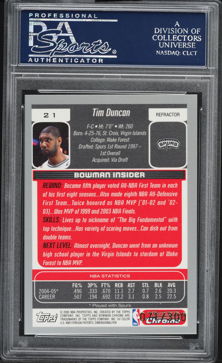 2005 Bowman Draft Picks & Prospects Chrome Refractor Tim Duncan /300 #21 PSA 10 GEM MINT