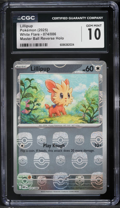 2025 Pokemon Scarlet & Violet White Flare Master Ball Reverse Holo Lillipup #74 CGC 10 GEM MINT