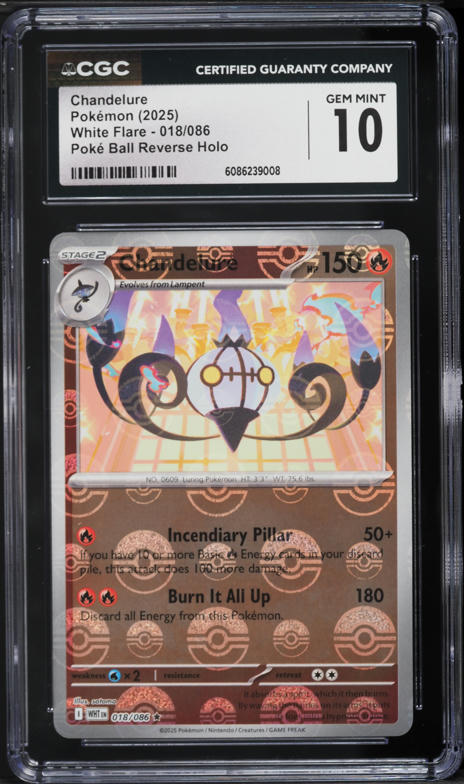 2025 Pokemon Scarlet & Violet White Flare Poke Ball Reverse Holo Chandelure #18 CGC 10 GEM MINT