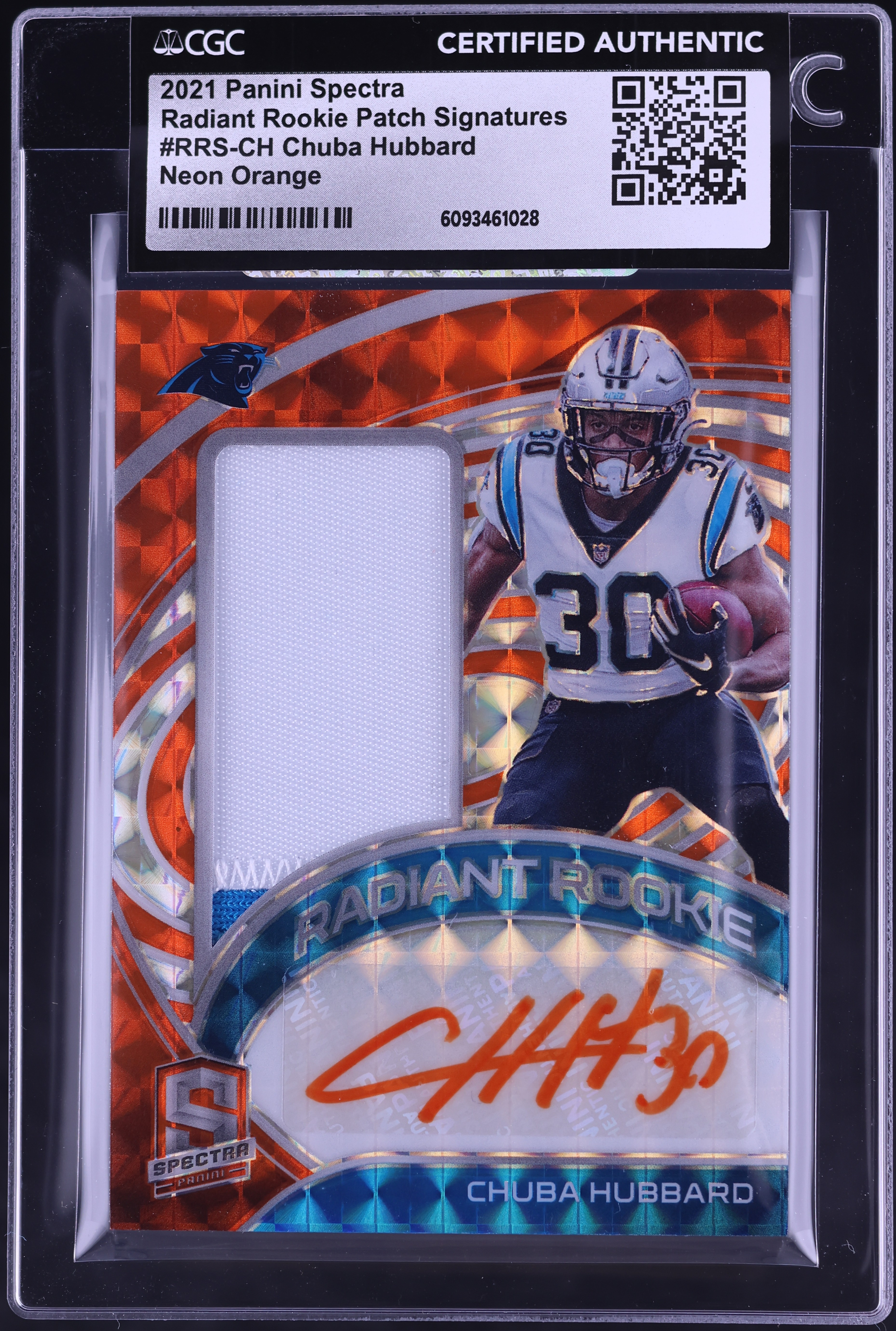 2021 Panini Spectra Neon Orange Prizm Chuba Hubbard ROOKIE PATCH