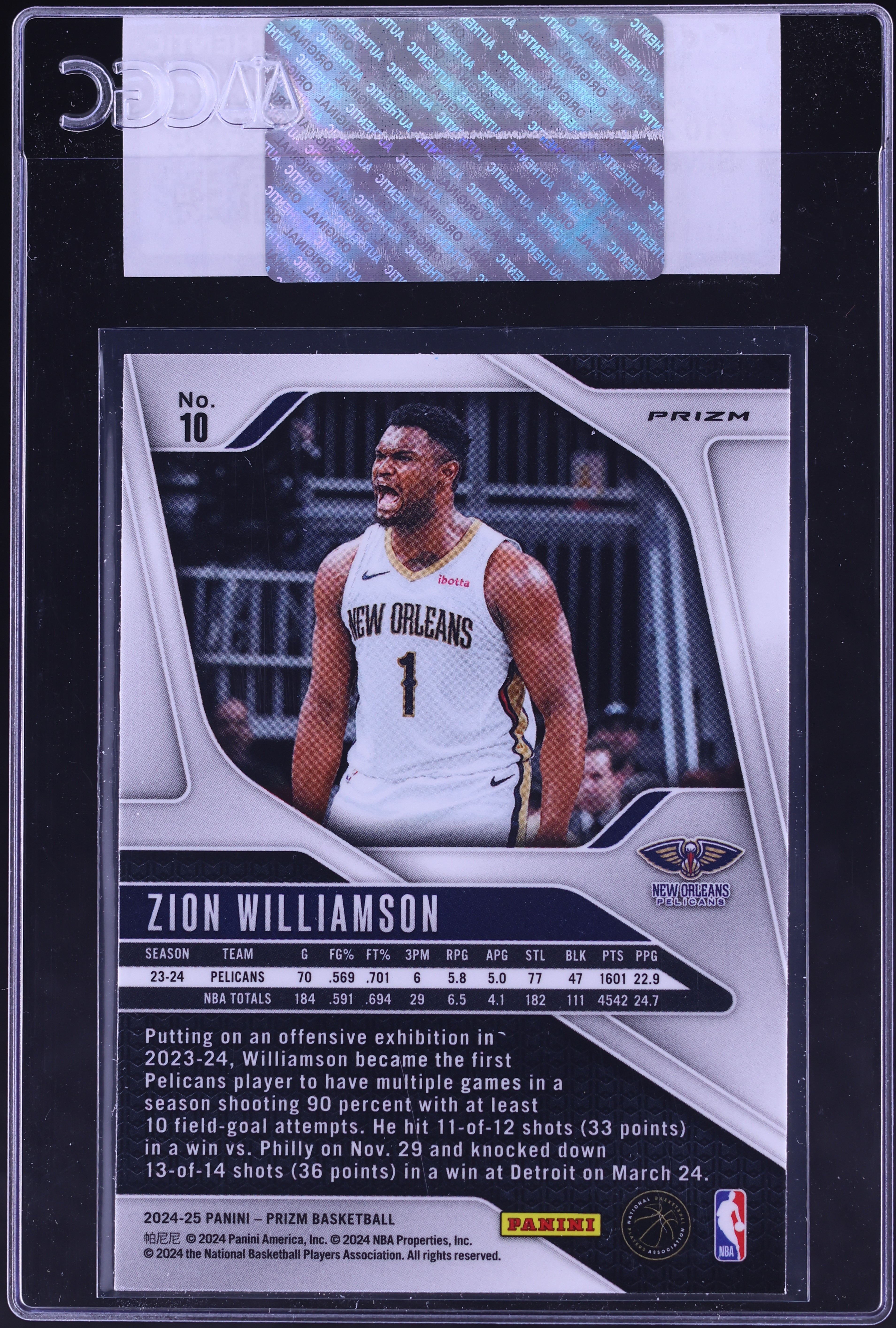 【PSA10】Zion Williamson RC Silver 2024-25 Panini Prizm Silver Zion Williamson #10 CGC AUTH on