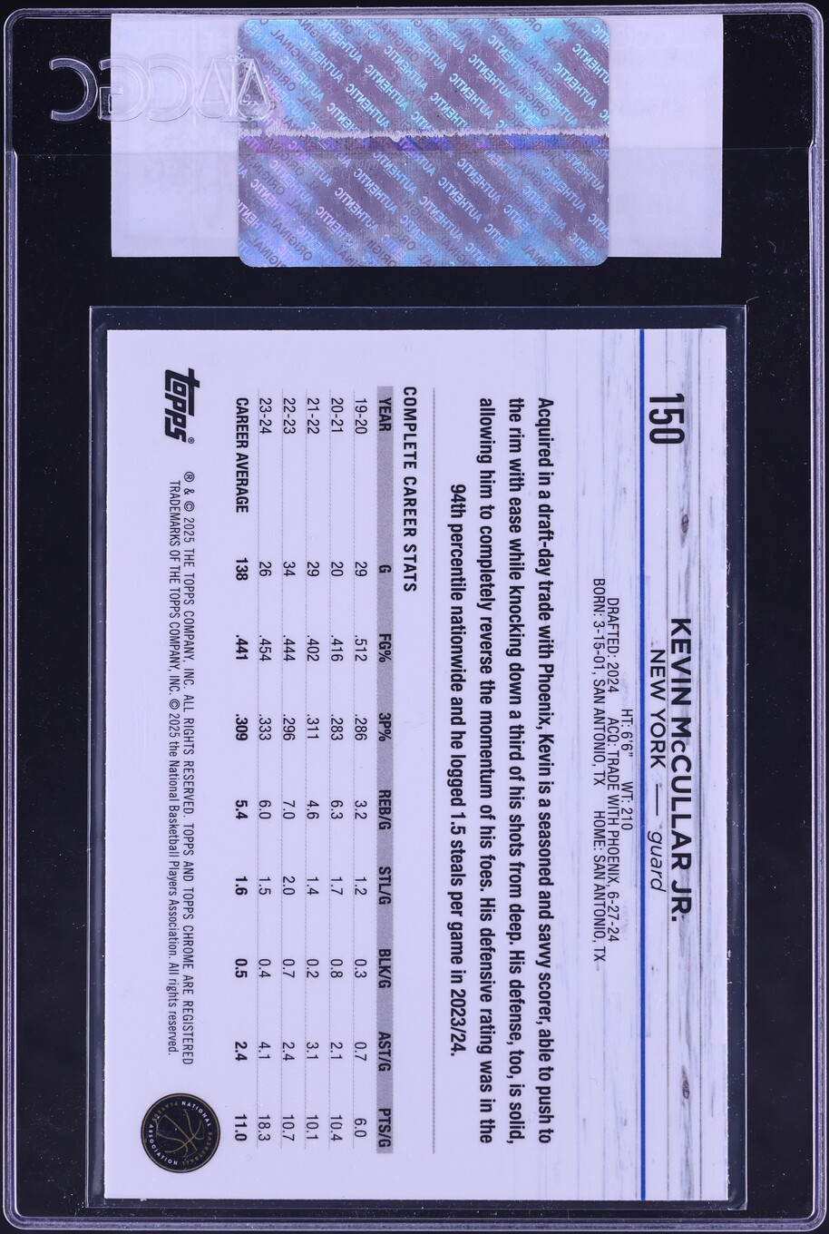 2024 Topps Chrome Kevin McCullar Jr. ROOKIE #150 CGC AUTH